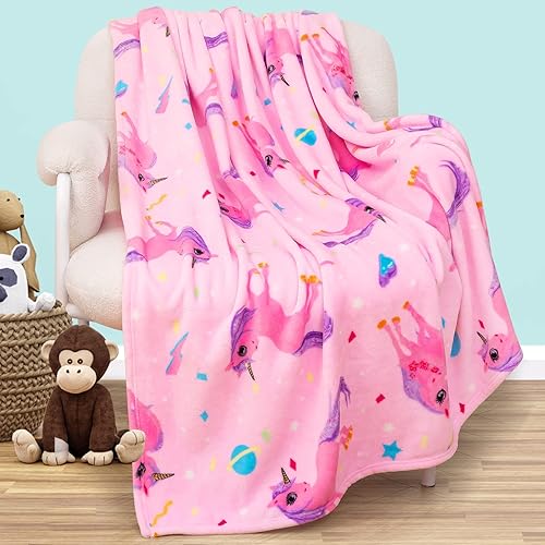 Inhand Manta con estampado de unicornio, manta mullida con estampado de unicornio para sofá, manta de forro polar para niños, manta de felpa suave y