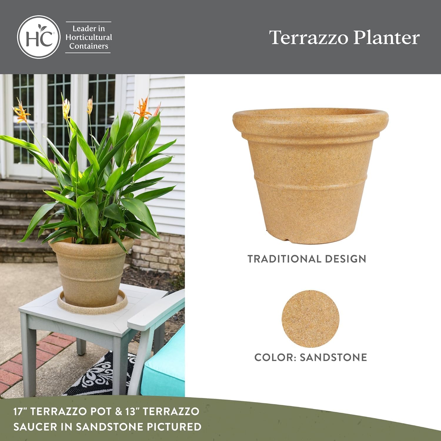 The HC Companies 24 Inch Terrazzo Extra Large Round Planter - Rolled Rim Weather Resistant Decorative Plastic Plant Pot with Drainage for Indoor Outdoor Use, Sandstone