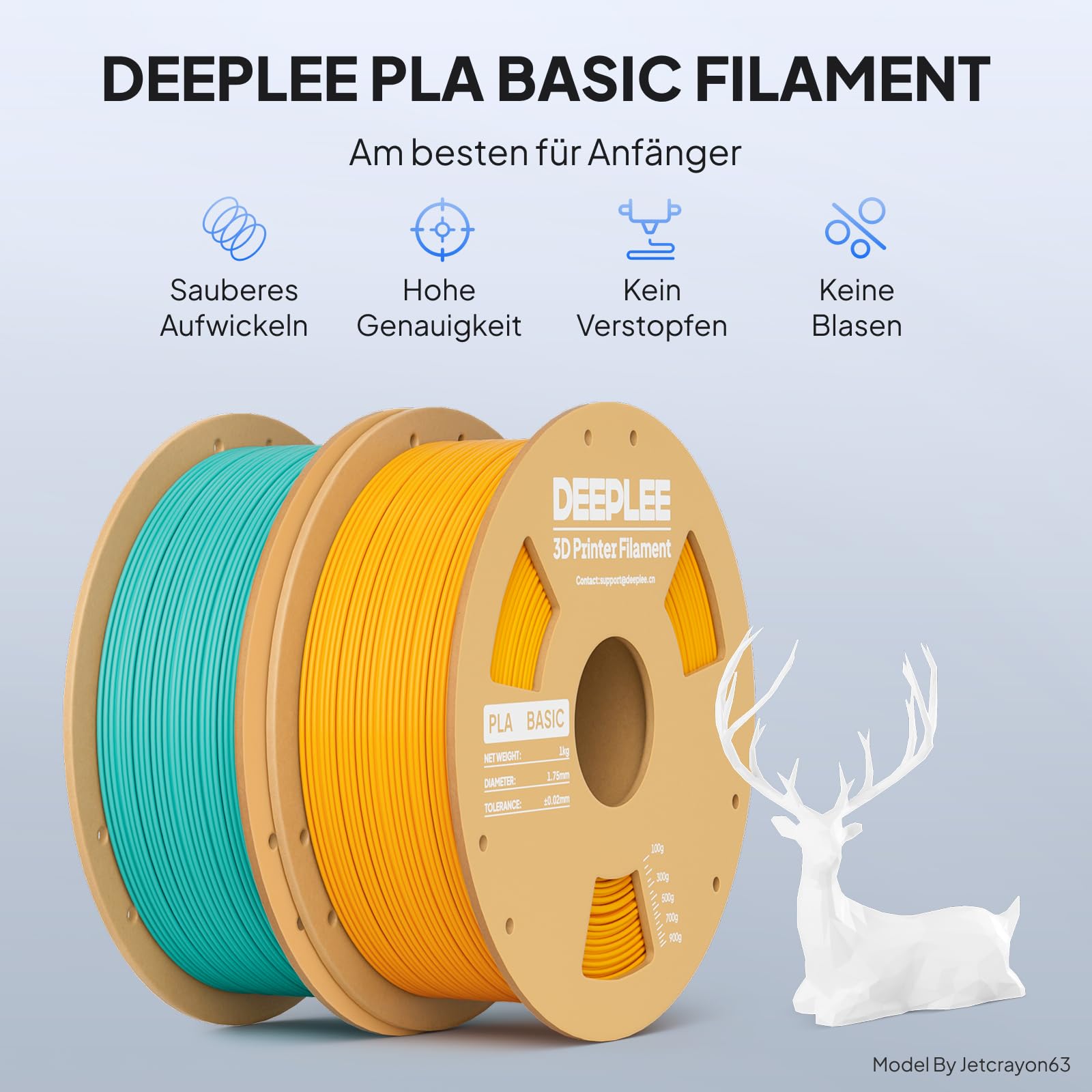 DEEPLEE Filament PLA Basic czarny, biały, czerwony i niebieski 4 kg 1,75 mm z dokładnością wymiarową +/- 0,02 mm, wysoka wytrzymałość, 4 szpule kartonowe do drukarek 3D FDM