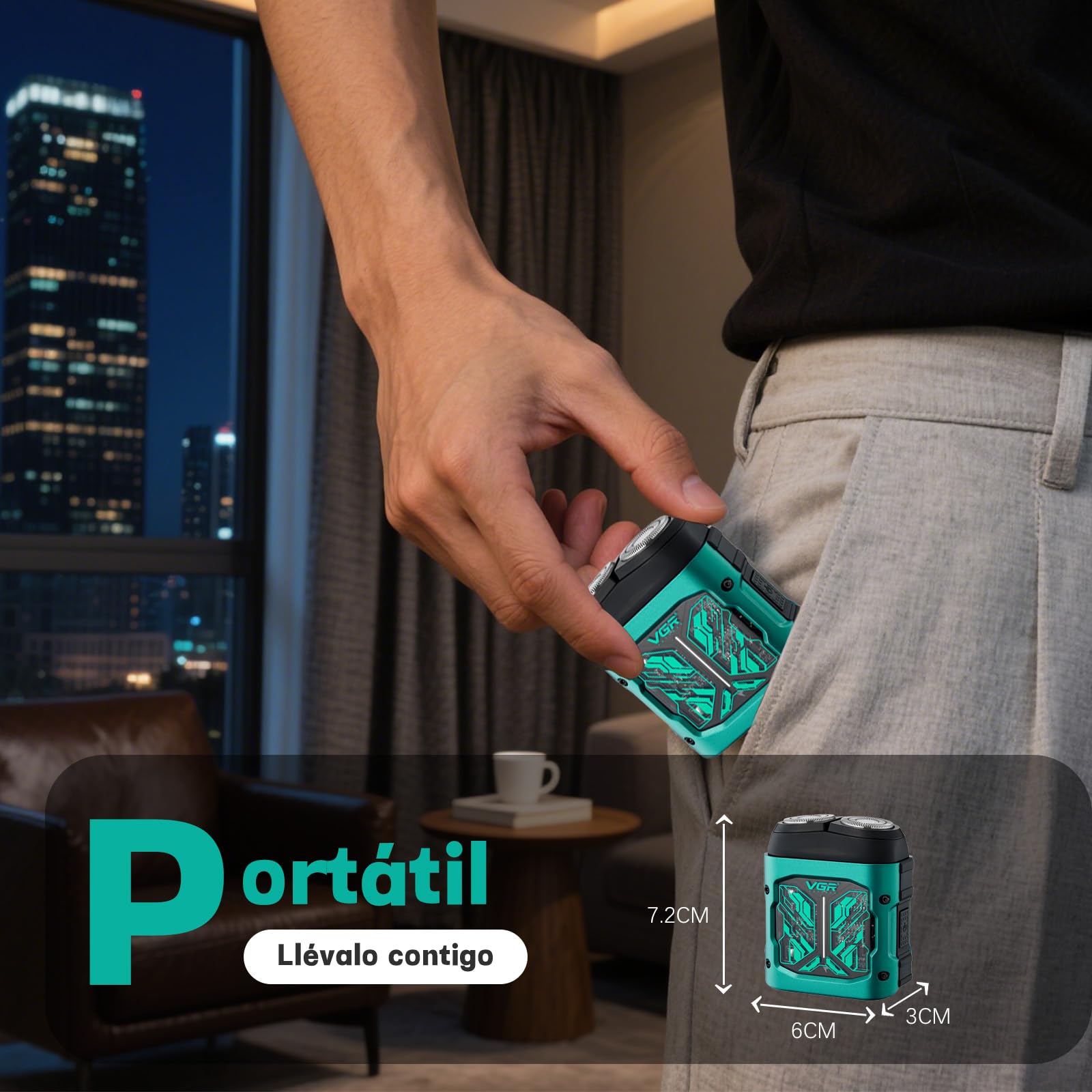VGR 344 Mini Afeitadora Electrica Hombre, Afeitadora Electrica Hombre Portátil de Viaje con Cuchillas Giratorias Dobles Magnéticas Para Una Fácil Limpieza, Resistente al Agua IPX6, Carga USB, Verde