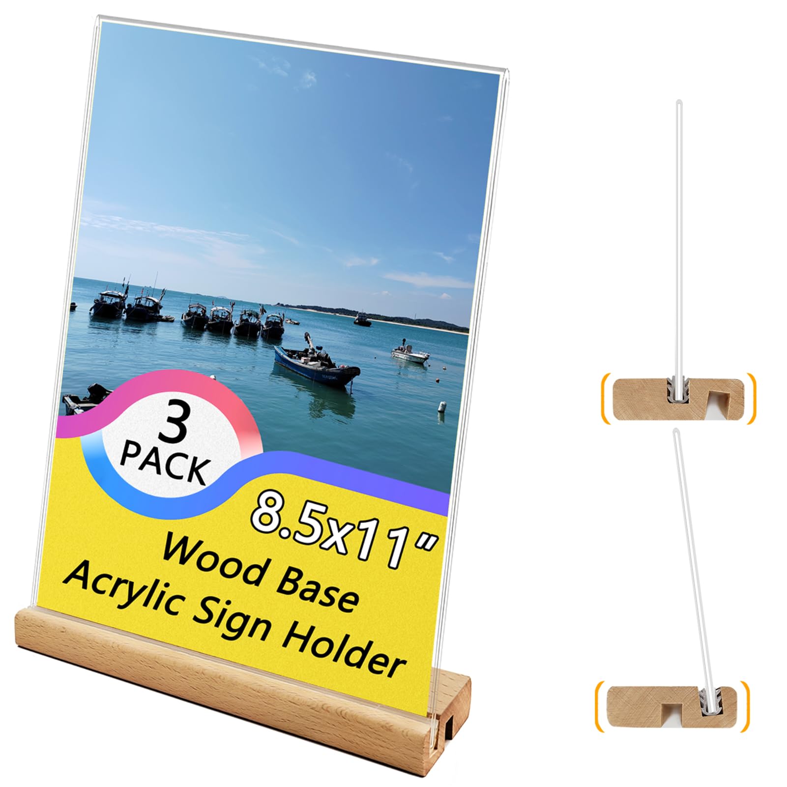 Wobodan 3 Pack Acrylic Sign Holder with Wood Base, L/T Shape Wood Sign Holder Vertical or Slant Back Display for Card, Wedding, Restaurant, Store,