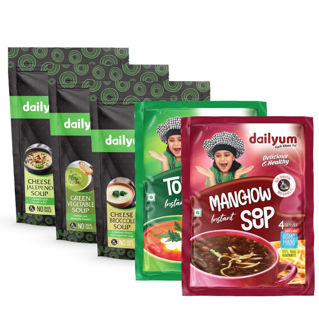 Dailyum Instant Soup Combo of 5 | No Onion No Garlic | Manchow Soup 50g | Tomato Soup 50g | Green Veg. Soup 50g | Cheese Broccoli 50g | Cheese Jalapeno 50g| Jain-image-16