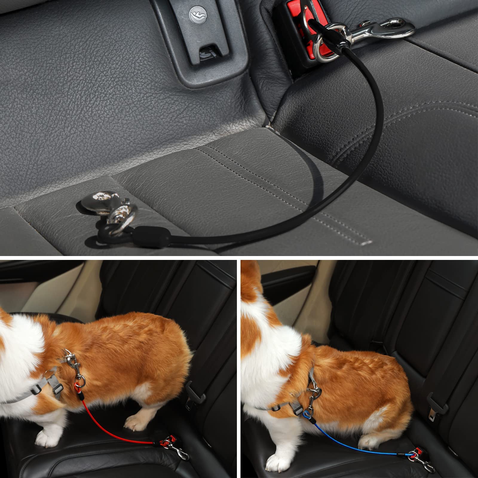 Dog Car Seat Belt, Dog Car Harnesses Chew Proof Steel Rope Cable, Waterproof Dogs Safety Belt, Vehicle Harnesses with Double Clips and Latch Attachment (Black*2, 16 inch/40 CM) — view 9