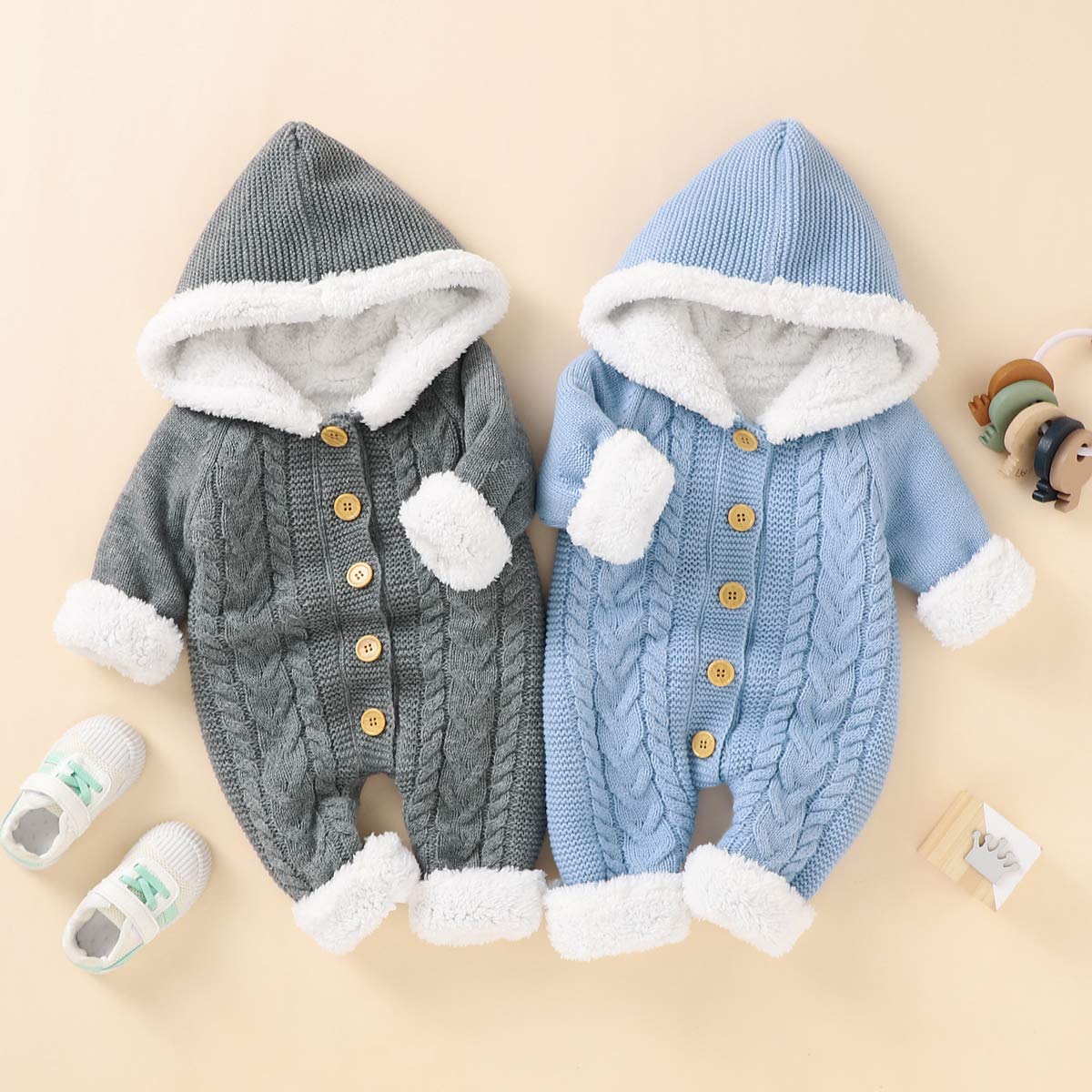 Haokaini Bebé Recién Nacido con Capucha Mameluco de Punto Suéter de Lana Más Cálido Traje de Nieve Mono Overoles Peleles Ropa de Abrigo de Invierno Infantil para Niños Niñas