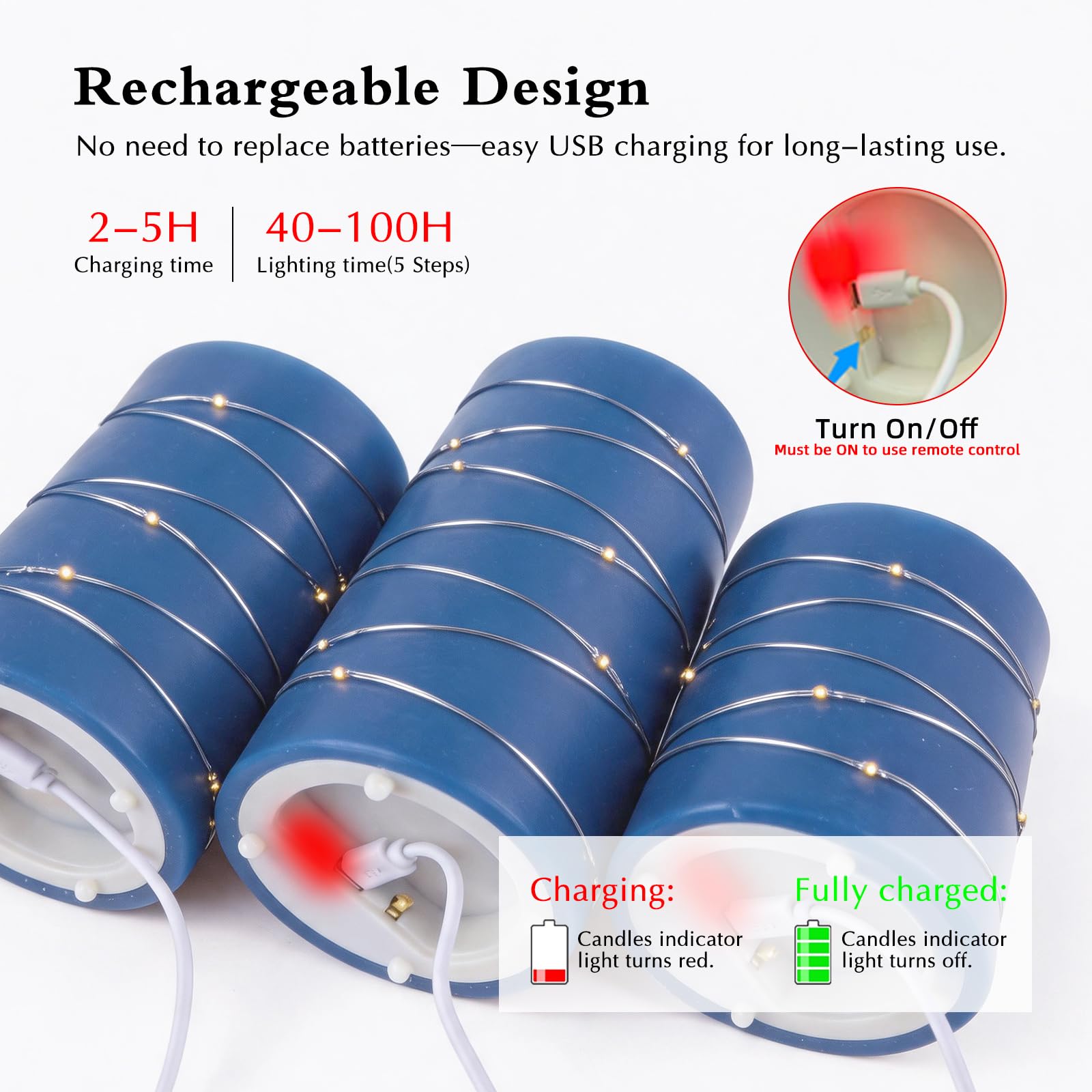 Candele LED Ricaricabili, Set da 3 con Luci a Filo Integrate, Blu | Vera Cera, Senza Fiamma, Telecomando, Timer 2/4/6/8 Ore, Effetto Fiamma Danzante, Luce Tremolante, per Casa e Matrimonio