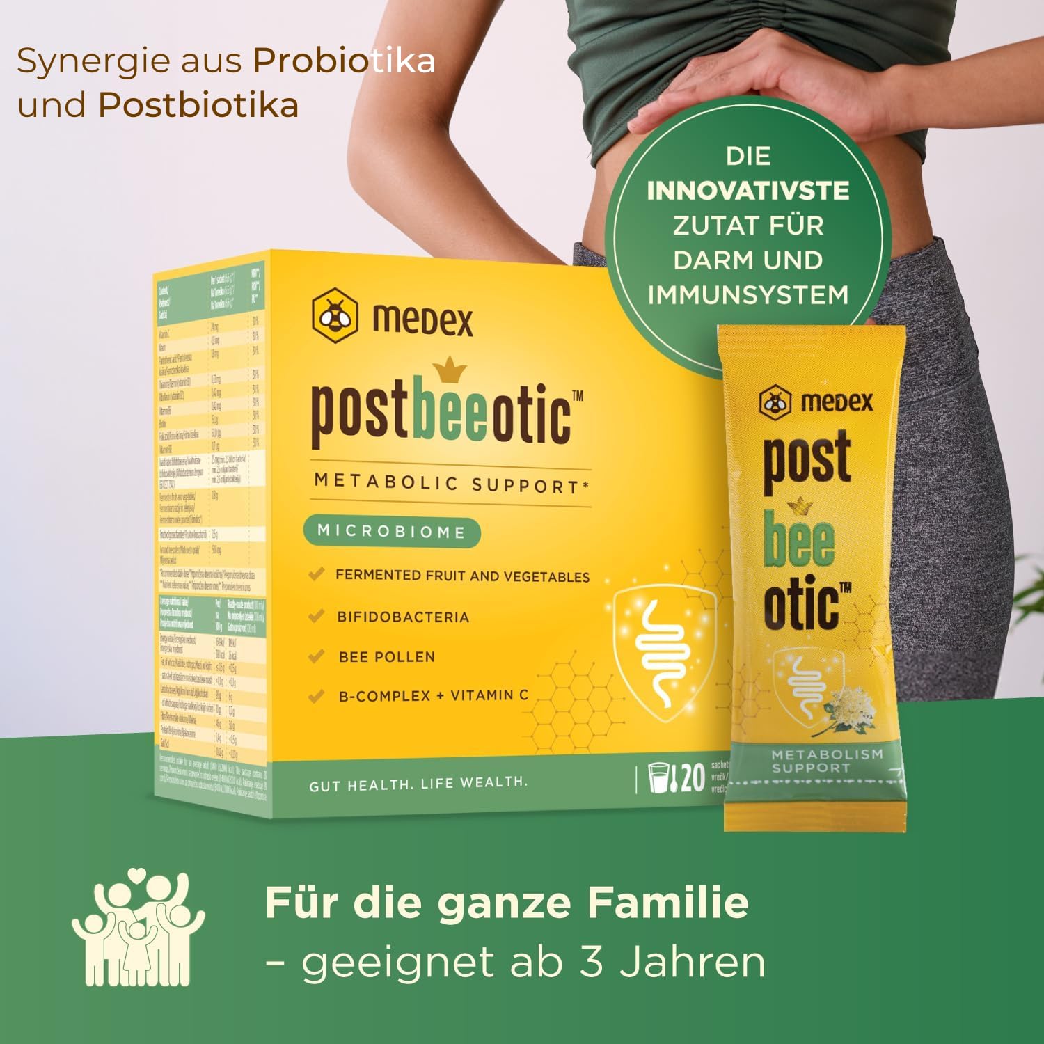 Medex Postbeeotic – Probiotika und Postbiotik mit inaktivierten Bifidobakterien, fermentierten Früchten & Gemüse, Vitamin C & B-Komplex – für Verdauung, Immunsystem & Darmflora – 20 Sachets
