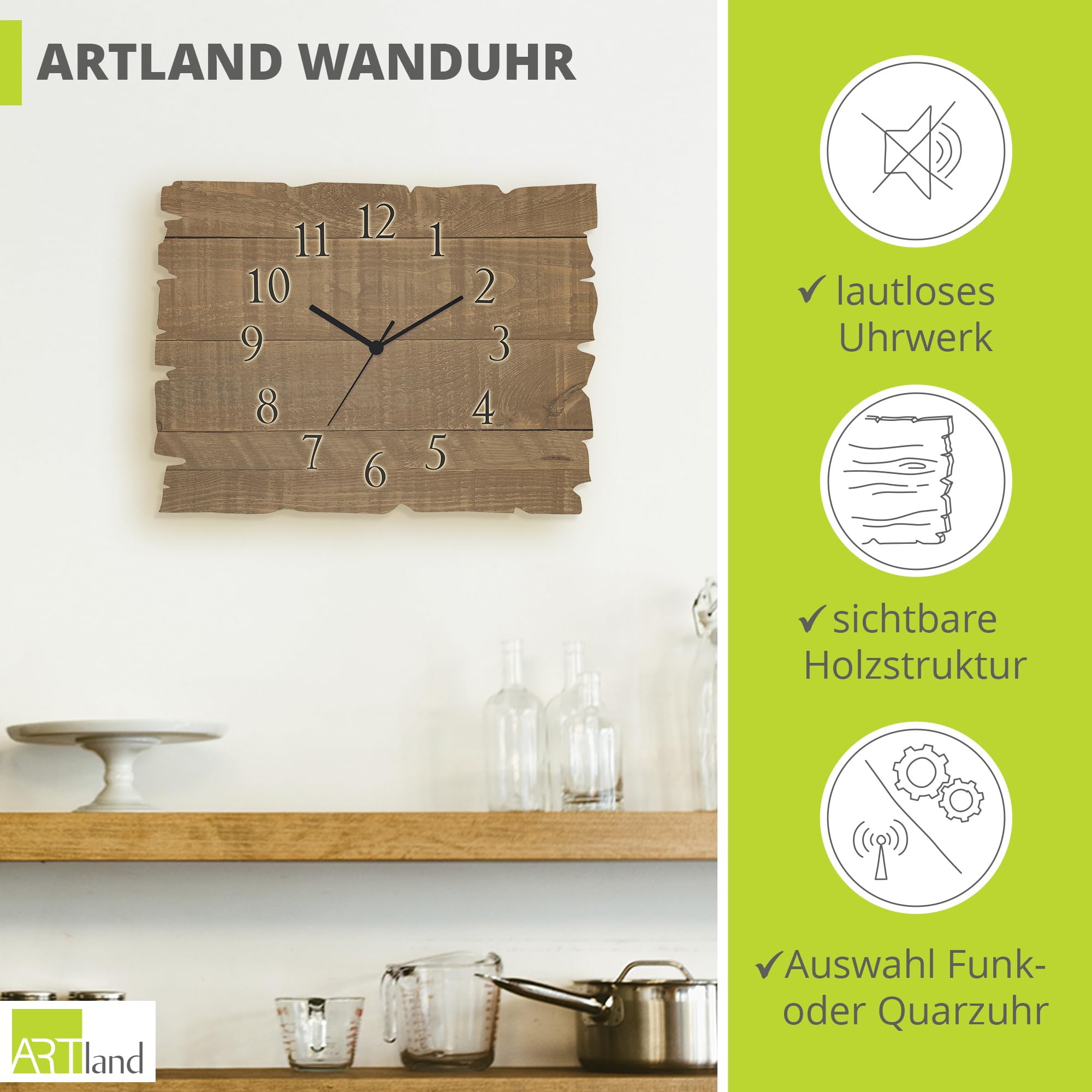 ARTLAND Wanddeko Wanduhr ohne Tickgeräusche aus Holz Funk Uhr lautlos 40x30 cm Rechteckig Muster Rustikal Landhausstil Braun U1UL