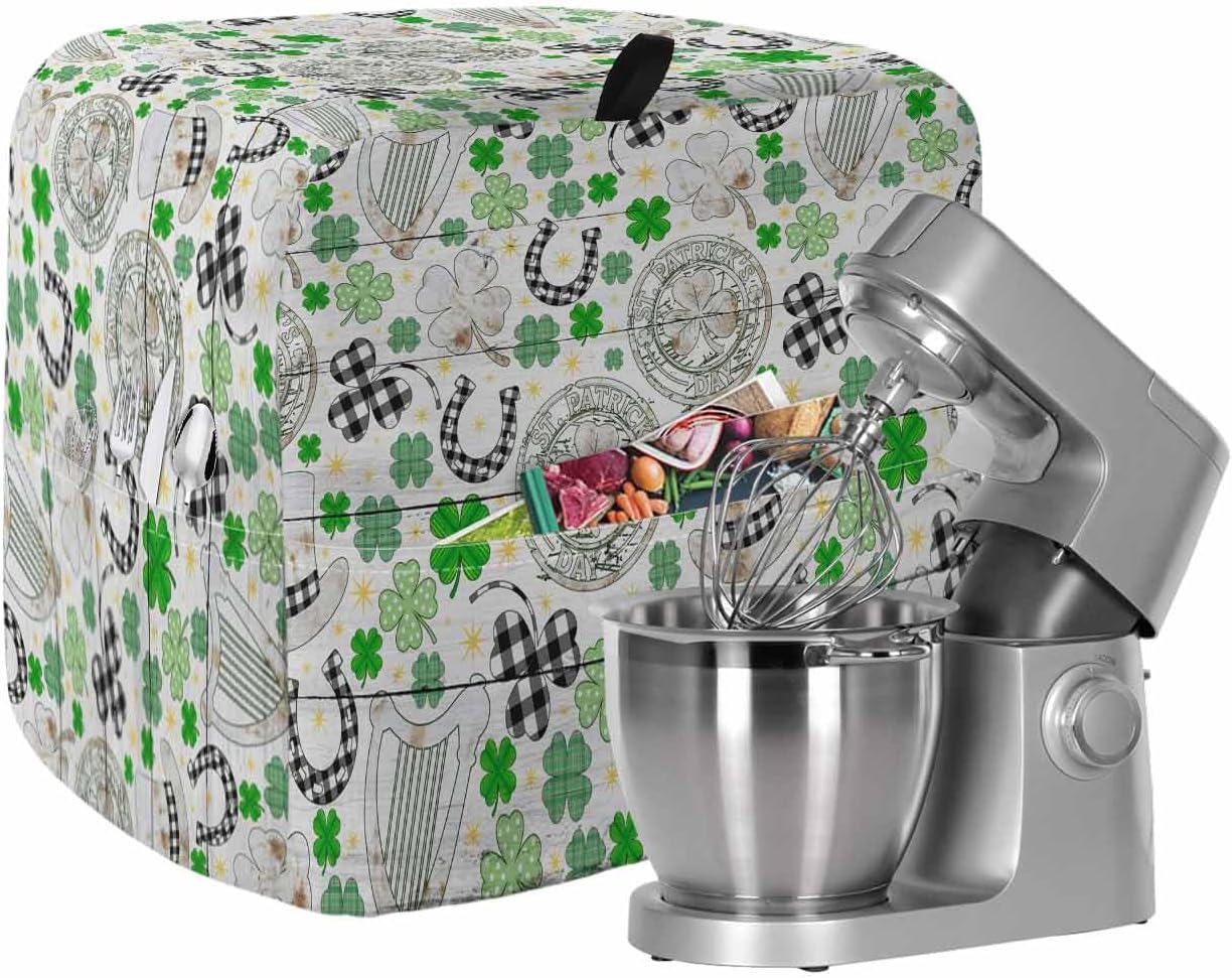 St. Patrick's Day Stand Mixer Cover with Storage Pocket, Waterproof Kitchen Mixer Covers, Green Black Plaid Clovers Wooden Grain Kitchen Appliance Dust Cover Compatible with 5-8 Quart Mixers