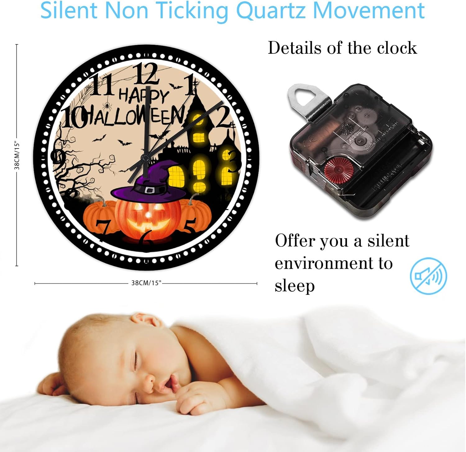 Happy Halloween Pumpkin Hunted House Wooden Wall Clock 15 Inch, Halloween Jack-o-Lantern Wearing Witch Hat Living Room Clock Battery Operated Silent Round Arabic Numeral Clock for Kitchen Dining Room