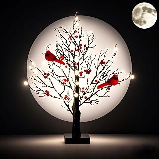 Árbol Brillante de LED Vintage con cardenales y Bayas Rojas, prelit de 21 Pulgadas Same con Intimatecy/Adesable Little Red Bird Tree Light, Decoración de la Pieza del Centro de Vacaciones para Mantel