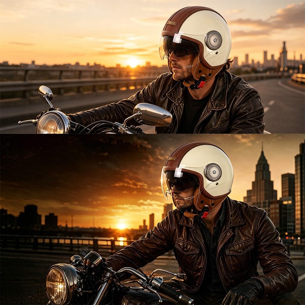 Retro 3/4 otwarty kask motocyklowy, ECE 22.06, lekka powłoka ABS, detale ze skóry PU, wyjmowana wyściółka wewnętrzna, z osłoną twarzy, unisex, do miejskich i wiejskich dróg, M-L (57-60 cm)