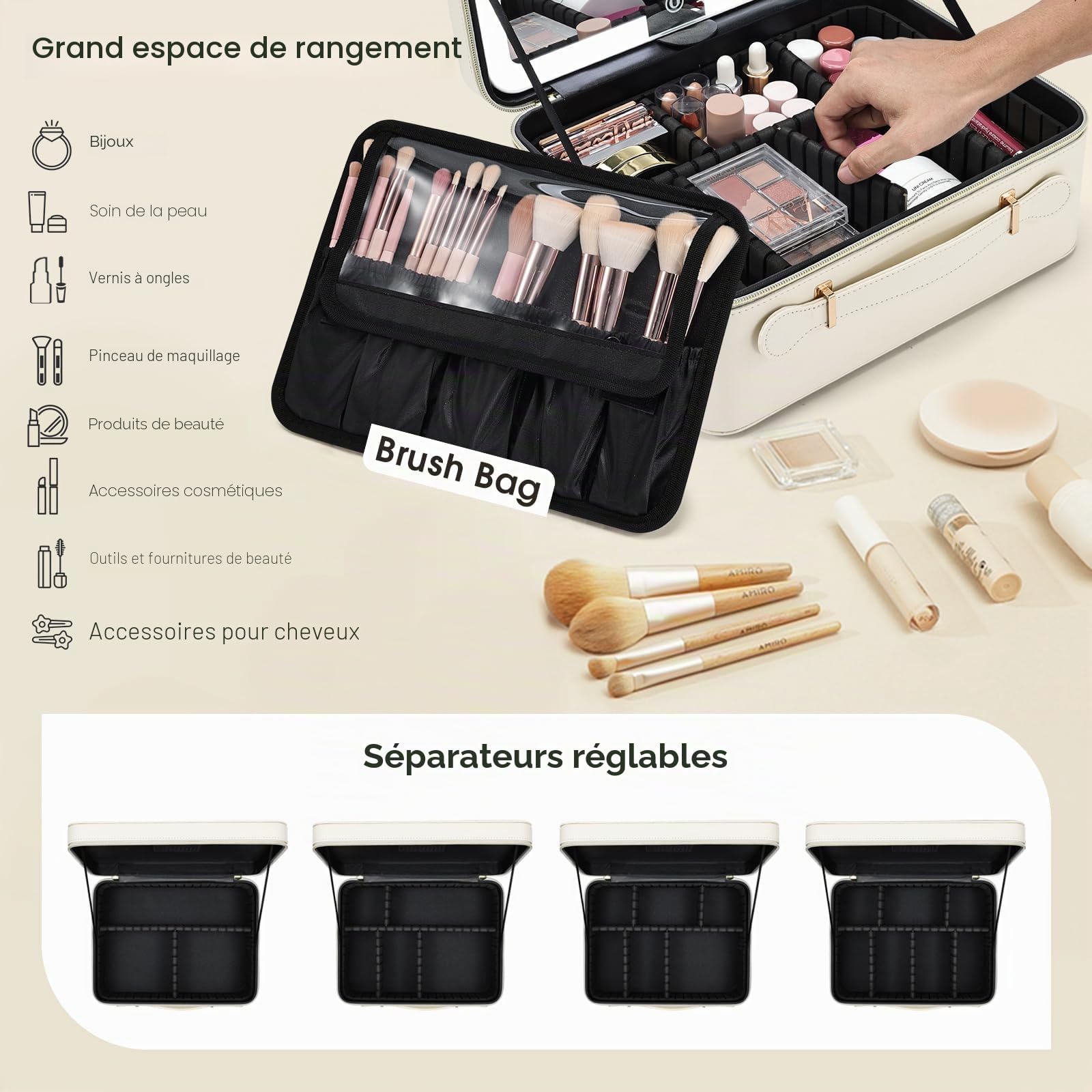 Grande trousse de maquillage avec miroir LED - Miroir lumineux amovible - En cuir synthétique - Portable - Avec séparateurs - Support pour pinceaux de maquillage - Blanc