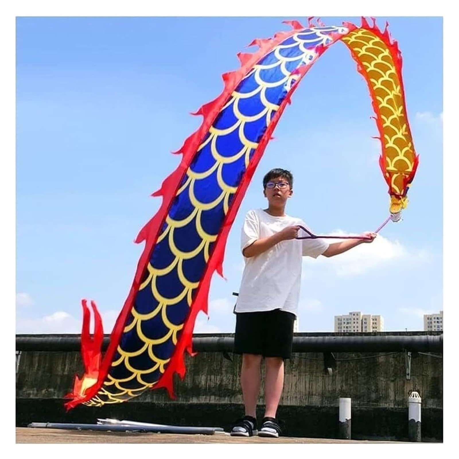 BJfhRH Outdoor Sports Traditional 3D Dragon Dance Colorful Ribbon Flowy Shaking Silk For Outdoor Festival Celebration(Blue)