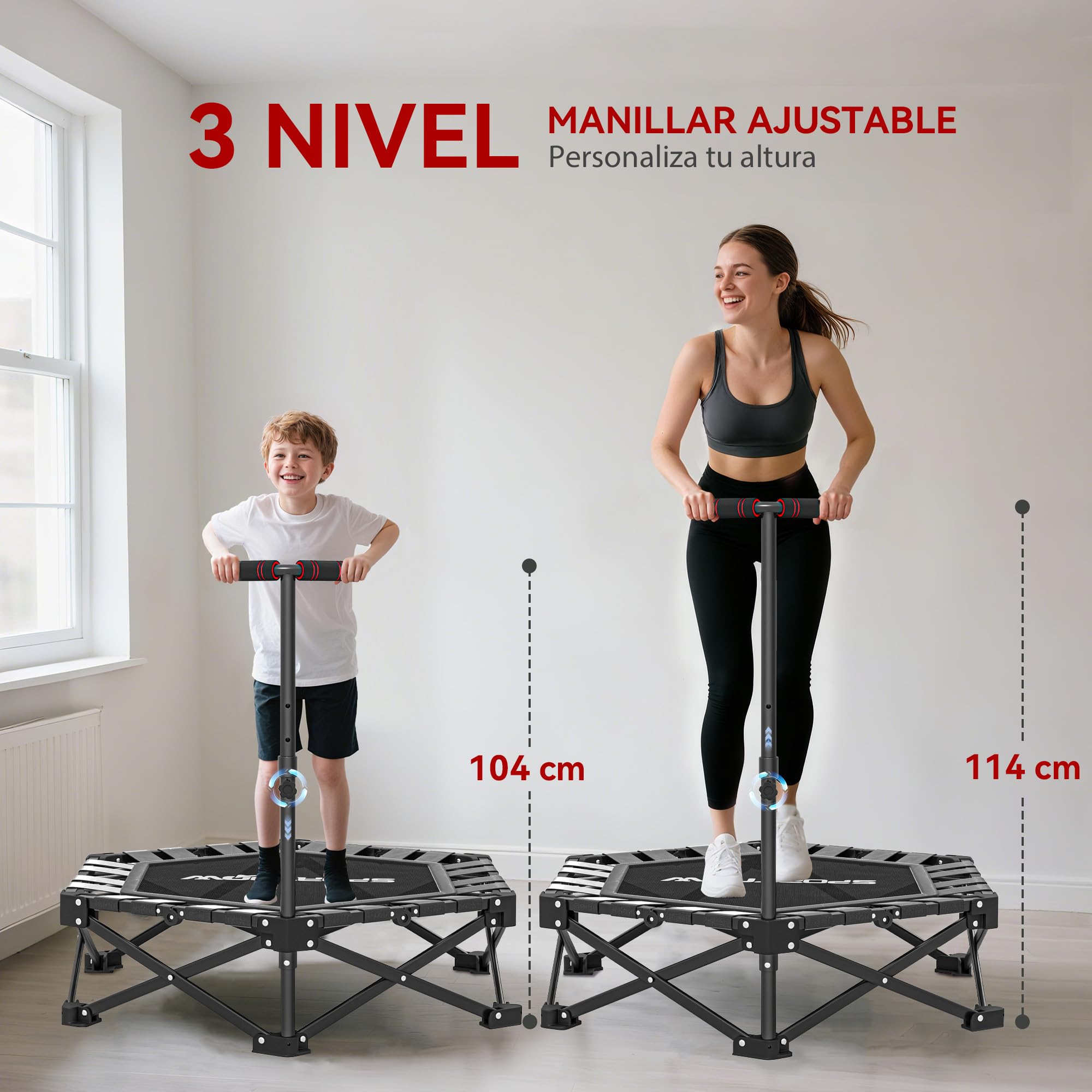 SPORTNOW Trampolín de Fitness Plegable 104 cm, Mini Cama Elástica con Barra Ajustable en 3 Alturas, Silencioso, Marco Metálico Reforzado y Bolsa de Transporte, para Entrenamiento en Hogar, Gimnasio