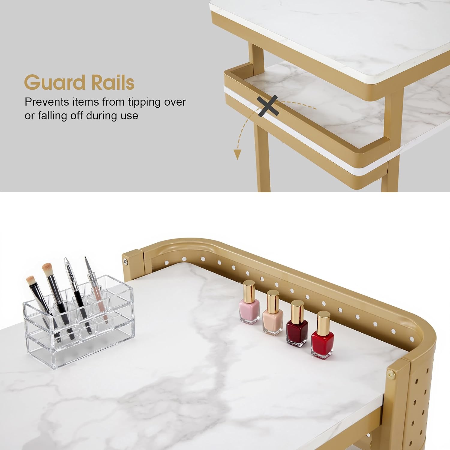 BarberPub Manicure Table with Pegboard Panel, Golden Frame with Marble Top, Nail Tech Desk with Built-in Outlets, USB Ports, Modern Style, Guard Rails 2416