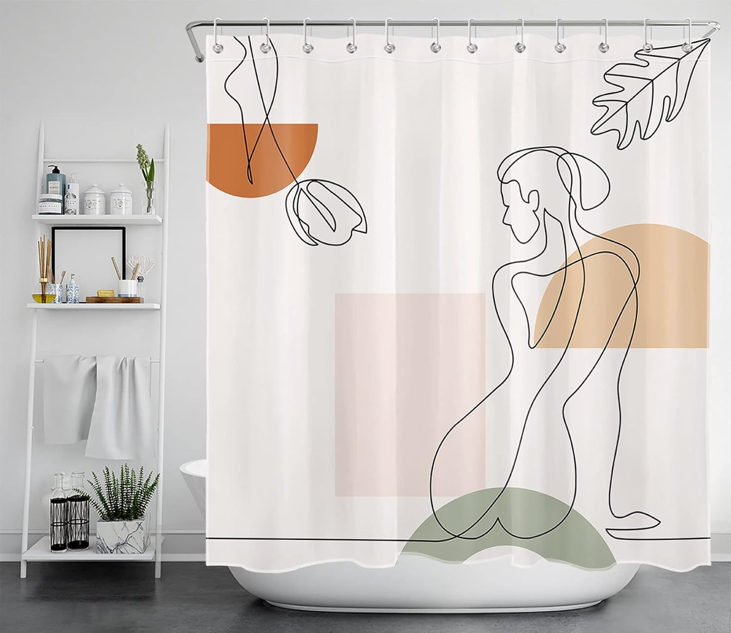 HVEST Mid Century Abstract Shower Curtain with Bathroom Rugs, Minimalist Lines Girl Modern Shower Curtain and Bath Mat, Simple Aesthetic Polyester Fabric Bathroom Shower Curtain Sets, 70X70 inches