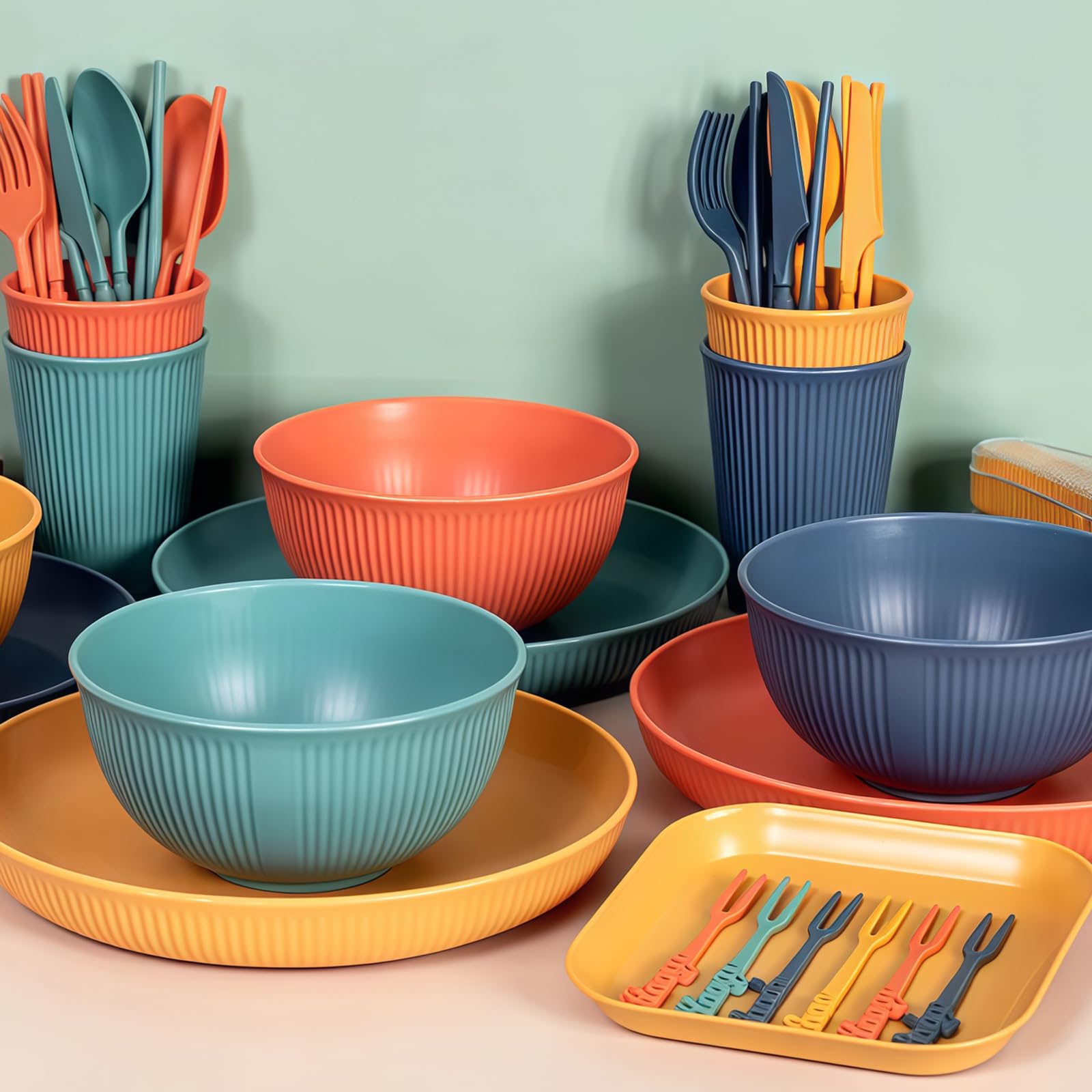 Ensemble de Vaisselle en Plastique Réutilisable pour 4 Personnes, 48 Pièces Incassables pour Camping, Pique-Nique et Fête, Assiettes, Bols, Verres et Couverts Durables
