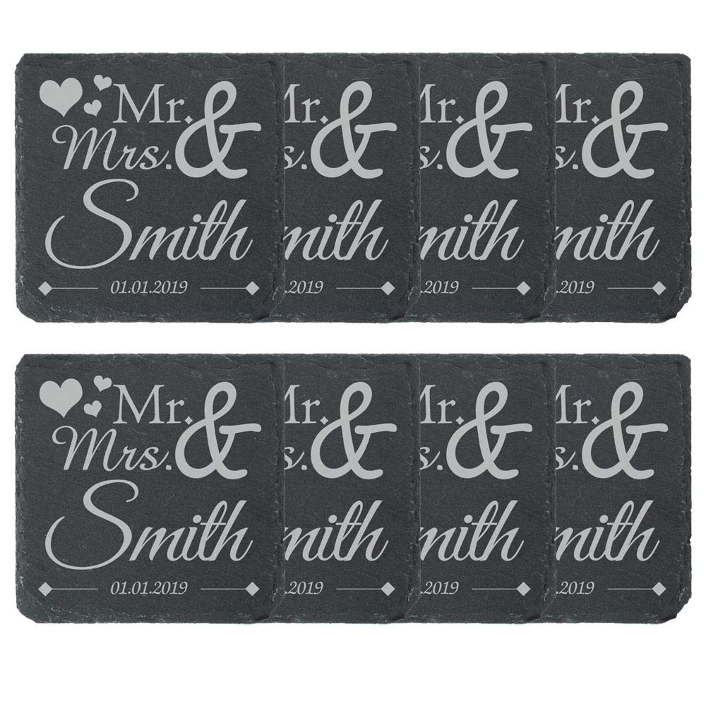Personalised Engraved Square Slate Wedding Coaster Mr&Mrs with Hearts Set of 8