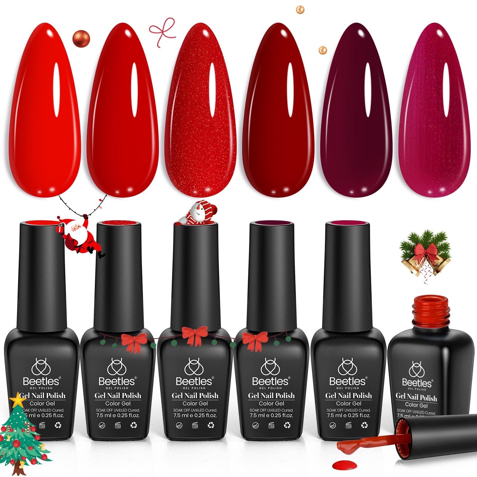 Beetles Red Gel Polish Set - 6 Colors Burgundy Red Gel Nail Polish Popular Shimmer Red-Obsession Collection Nails Art Design Soak Off Uv LED Nail Kit Minicure DIY Home Christmas Nails Set