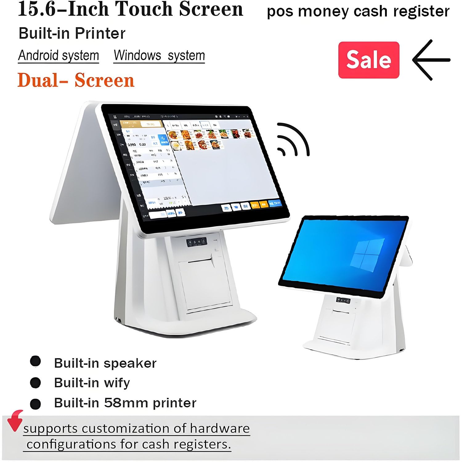 Registratore Cassa con Doppio Touch Screen 15,6 Pollici, Pos per Piccole Imprese, Stampante Termica 58 Mm Integrata, Registratore di Cassa Intelligente all-in-One Singlescreen