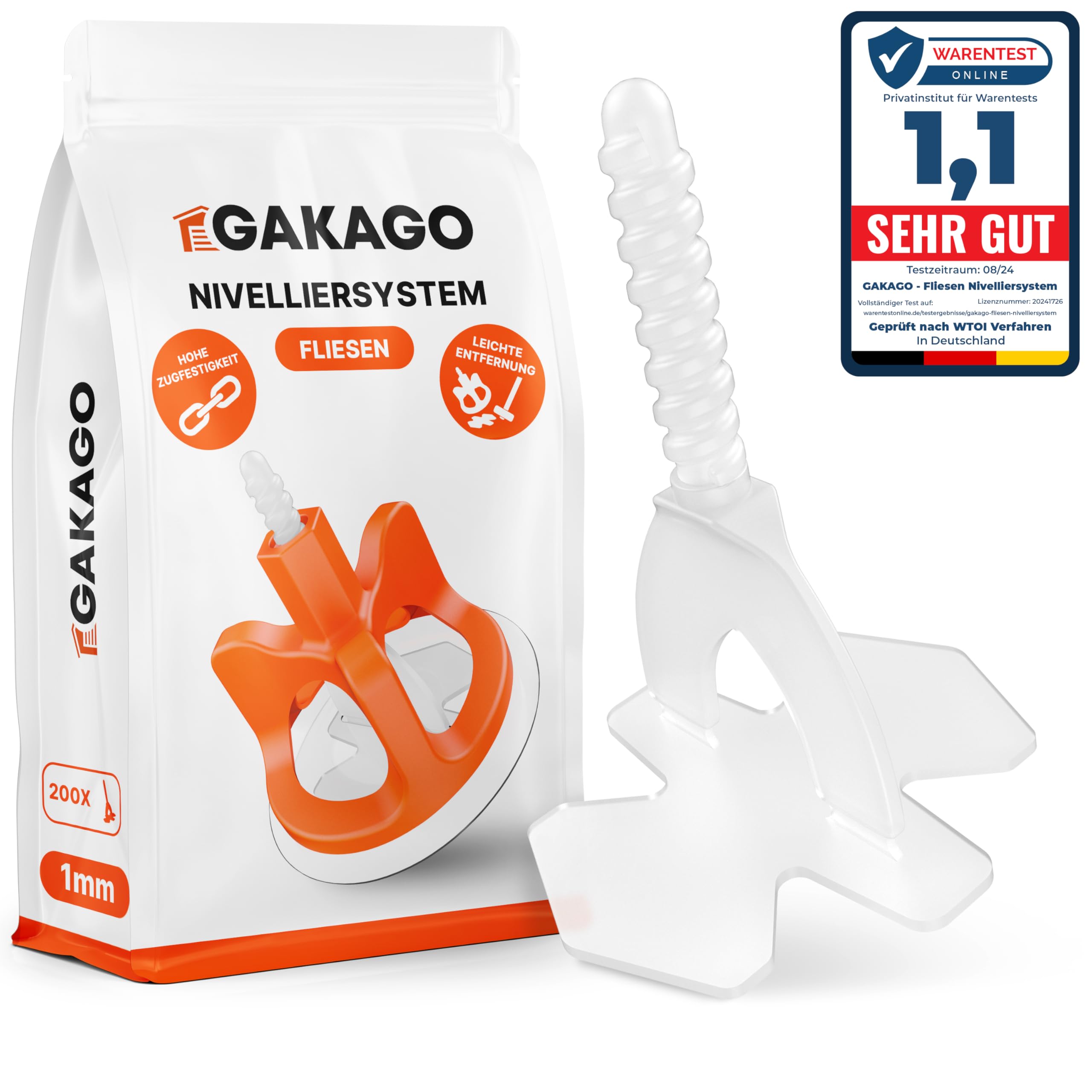 Gakago Fliesen Nivelliersystem 200 Gewindelaschen 1mm - Verlegehilfe für ein perfektes Fugenbild - Überlegene Reichweite für Fliesenstärken 3-18mm - Fliesenschutz durch Schon-Unterlegscheiben