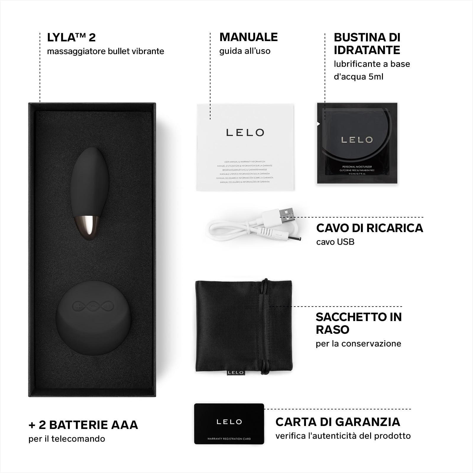 LELO LYLA 2 Massaggiatore a Proiettile per Adulti, Massaggiatore Portatile in Silicone con Tecnologia SenseMotion e Telecomando, Mini Vibratore, Stimolatore Clitorideo, Black