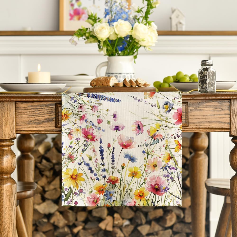 Chemin De Table Fleuri Printemps 33x183 Cm - Tissu Polyester Imperméable, Motif Aquarelle, Pour Fêtes Et Déco