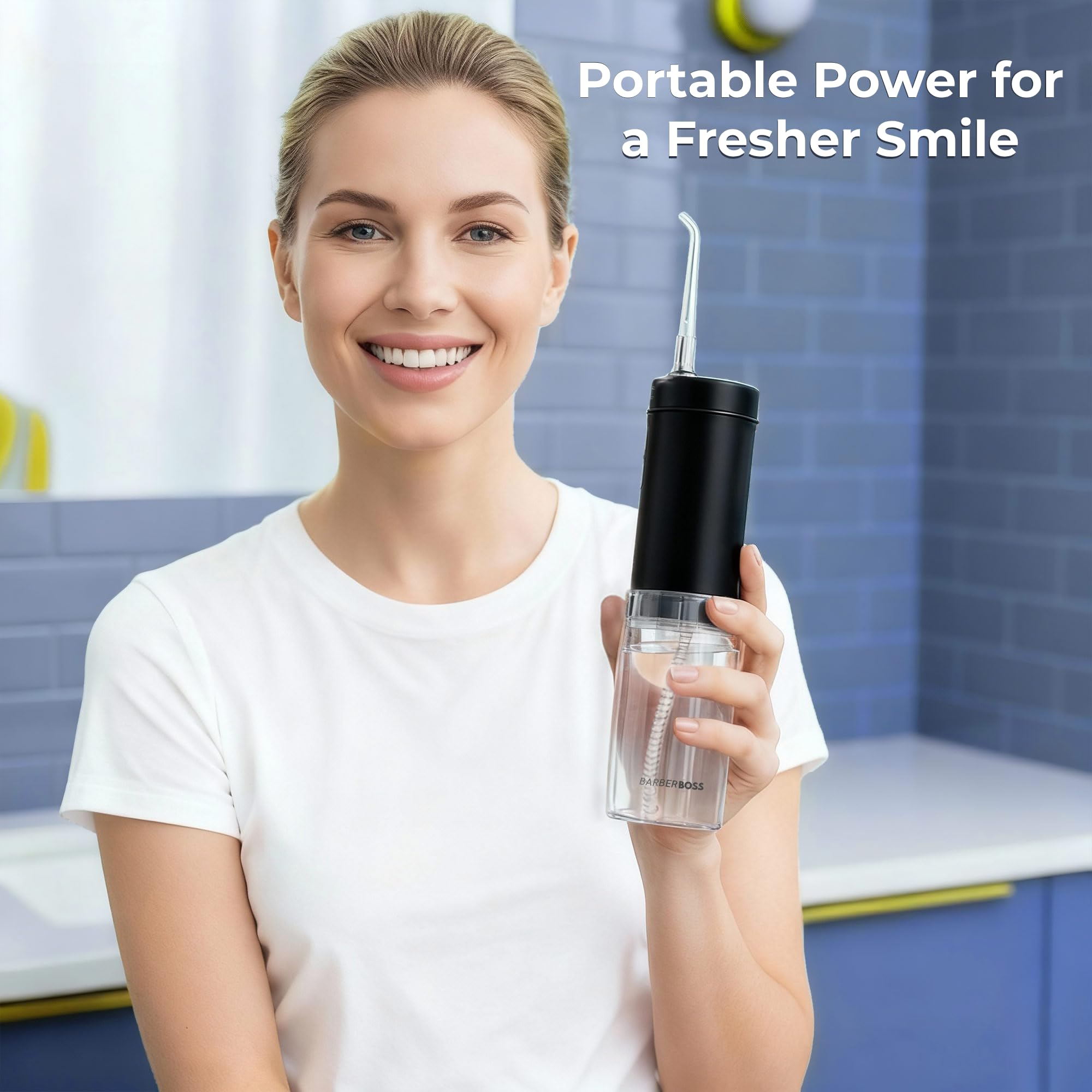 BarberBoss Idropulsore portatile, irrigatore orale senza fili da viaggio, 3 livelli di pressione, 6 punte, serbatoio dell'acqua telescopico IPX8, idropulsore ricaricabile USB-C, QR-7112 (Nero)