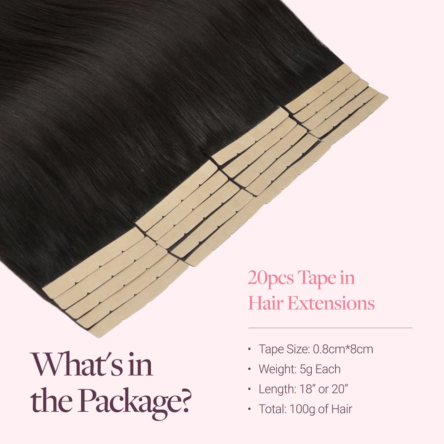 GOO GOO Tape in Hair Extensions Human Hair, 18inch 100g 20pcs, 8cm Wide Tape Weft Hair extenisons,1B Natural Black - Image 3