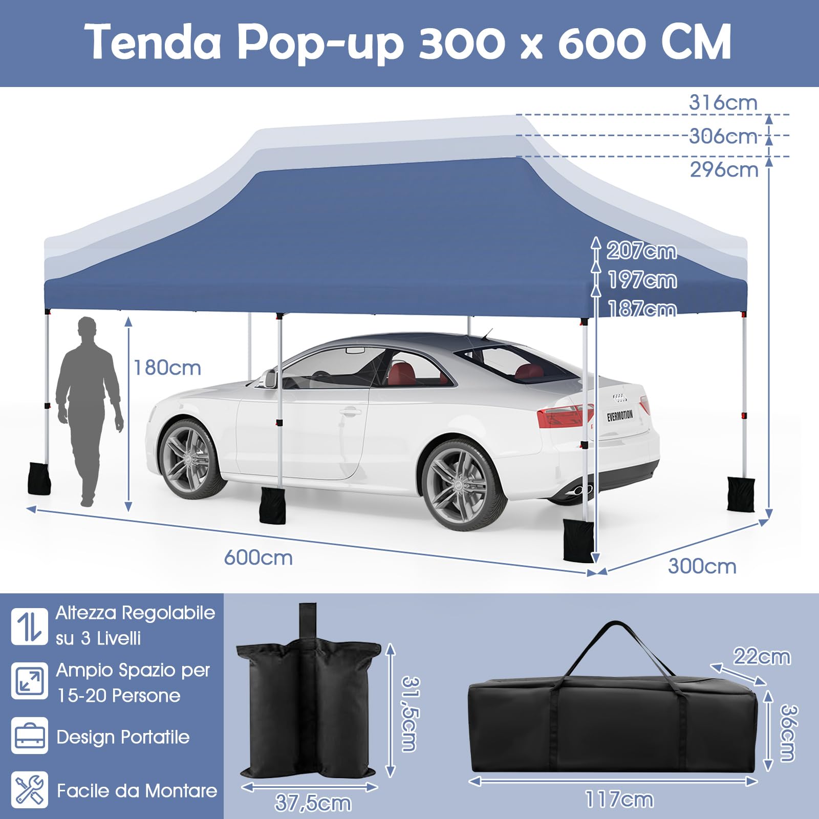 COSTWAY Gazebo Pieghevole da Giardino 3 x 6m, Gazebo Pop-up con Borsa da Trasporto, Regolabile in Altezza, per Feste (Blu)