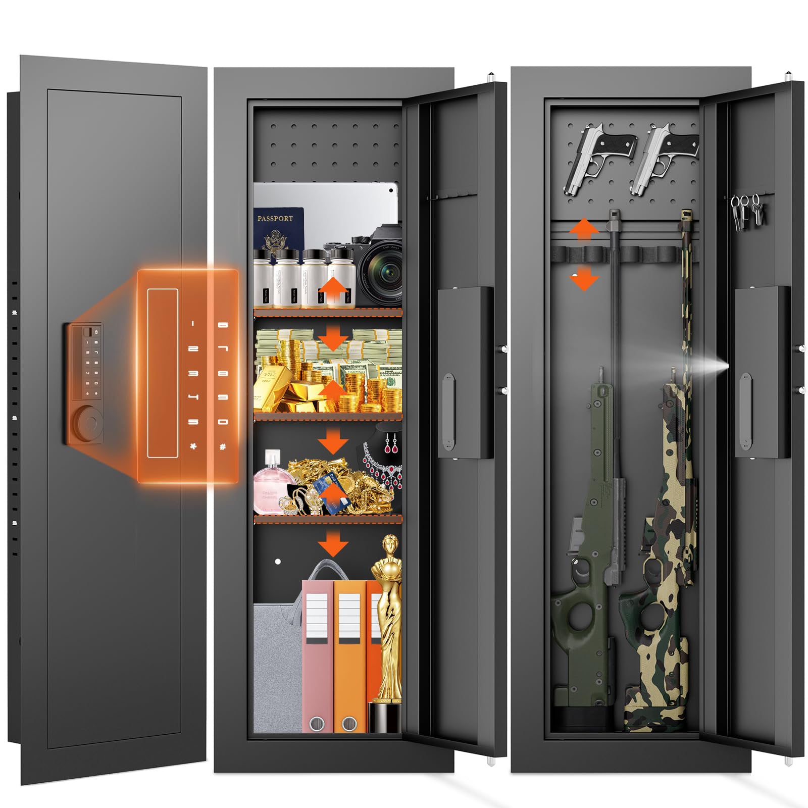 Wall Safe Between the Studs, 47.24" Hidden Safe with LCD Keypad & Pegboard, Digital Wall Gun Safe with 3 Removable Shelves, Magnetic Gun Slot, In Wall Safe with Dual Alarm (Black)