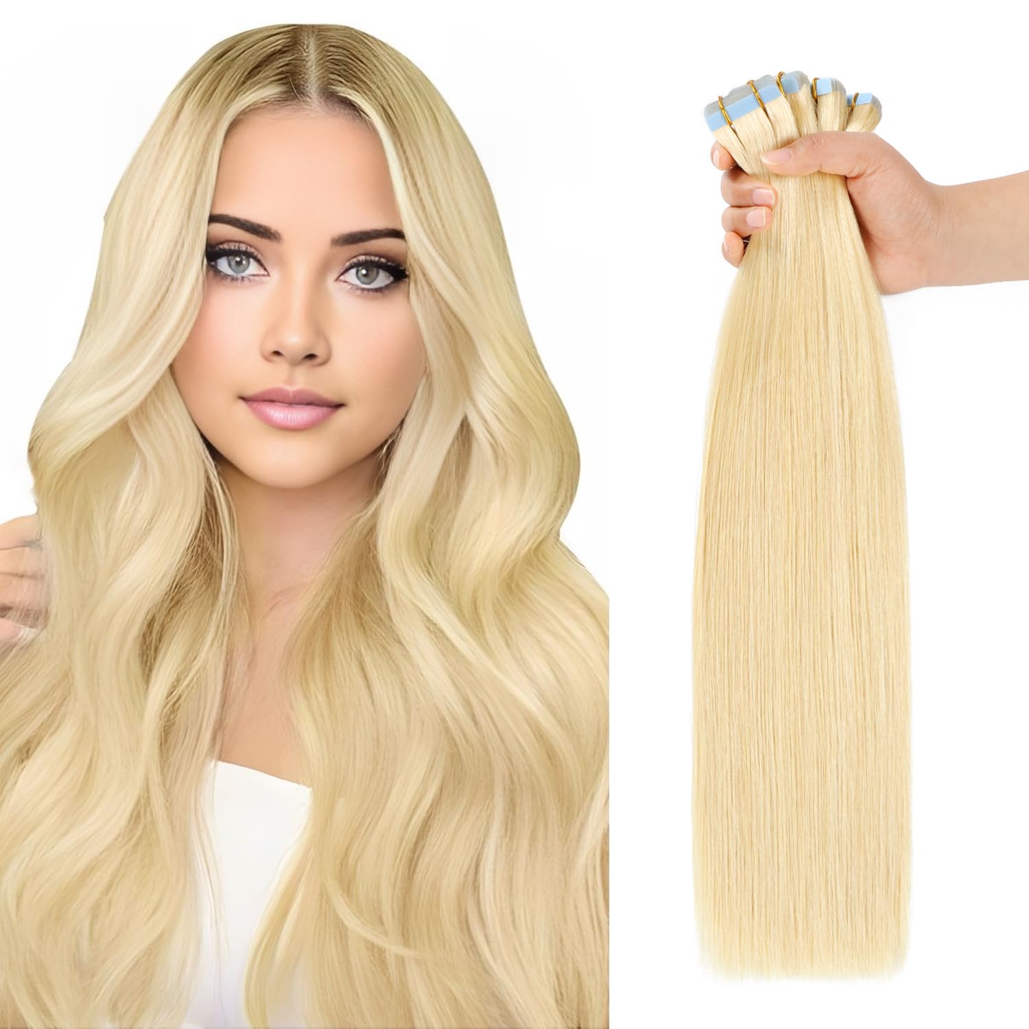 JESSBO Tape in Hair Extensions Human Hair Bleach Blonde 100% Real Human Hair 24 inch 20pcs 40g/pack Straight Seamless Skin Weft Tape in Hair Exensions