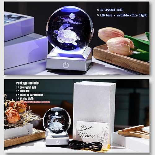 Miniatura 2 de Ornalrist Regalos de tortugas marinas para mujeres y hombres, bola de cristal de tortuga marina 3D con base de luz LED colorida, bola de nieve de