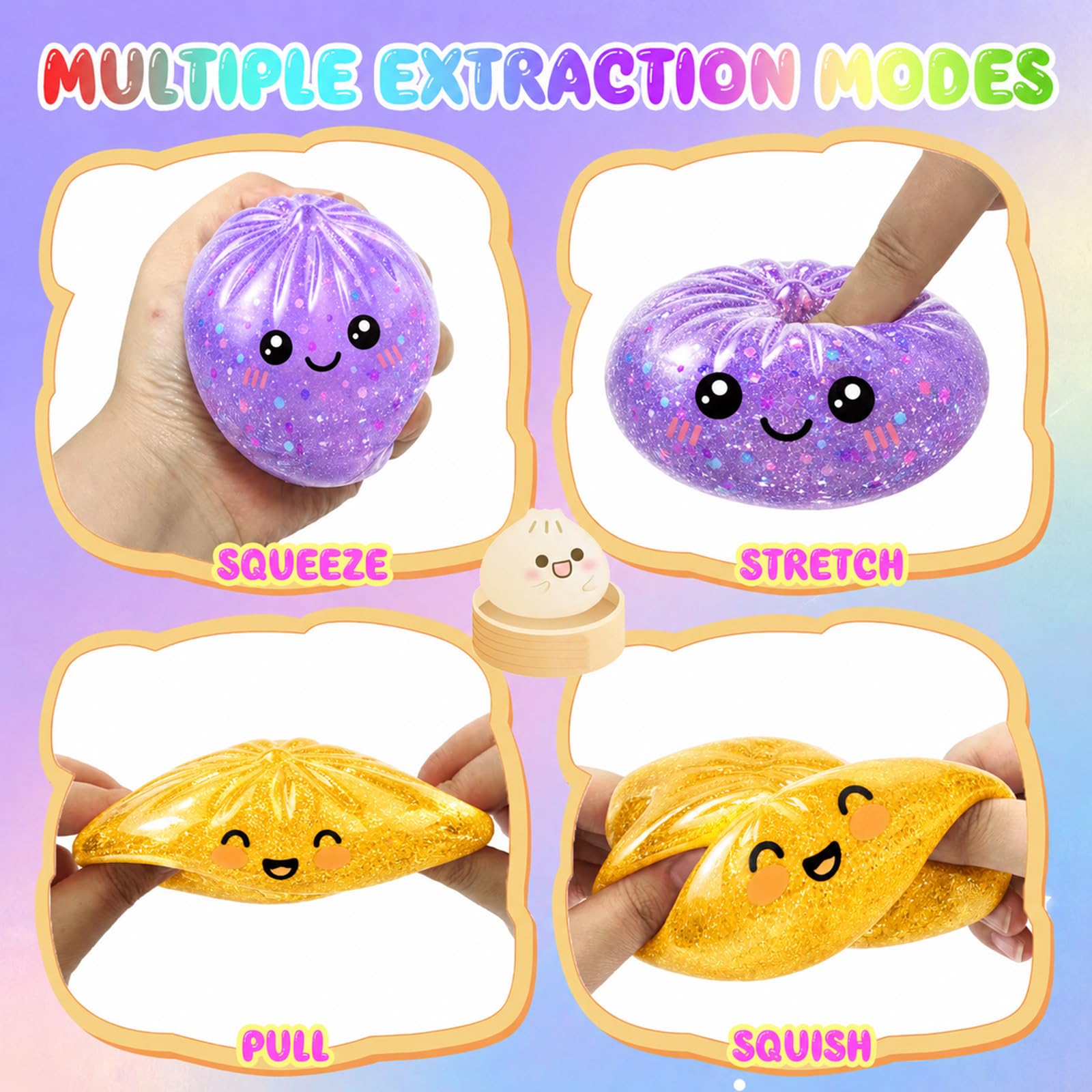 Glitter Dumpling Squishy con Cestelli per Vapore ,Mochi Squishy Antistress Con espressioni carine ,Squishys Toy Kawaii a Forma di Raviolo Squishys ,Squeeze Toy Sensoriale per Bambini e Adulti