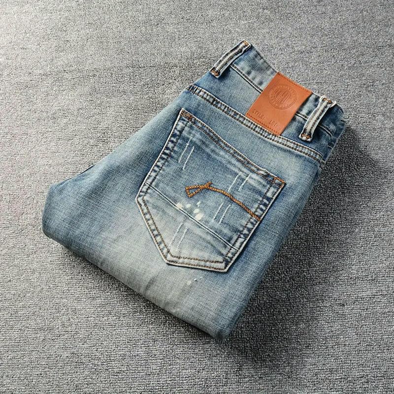 Street Designer Mens Jeans Retro Blue Stretch Slim Fit Patched Ripped Jeans Men Painted Vintage Denim Pants ​​Trousers2