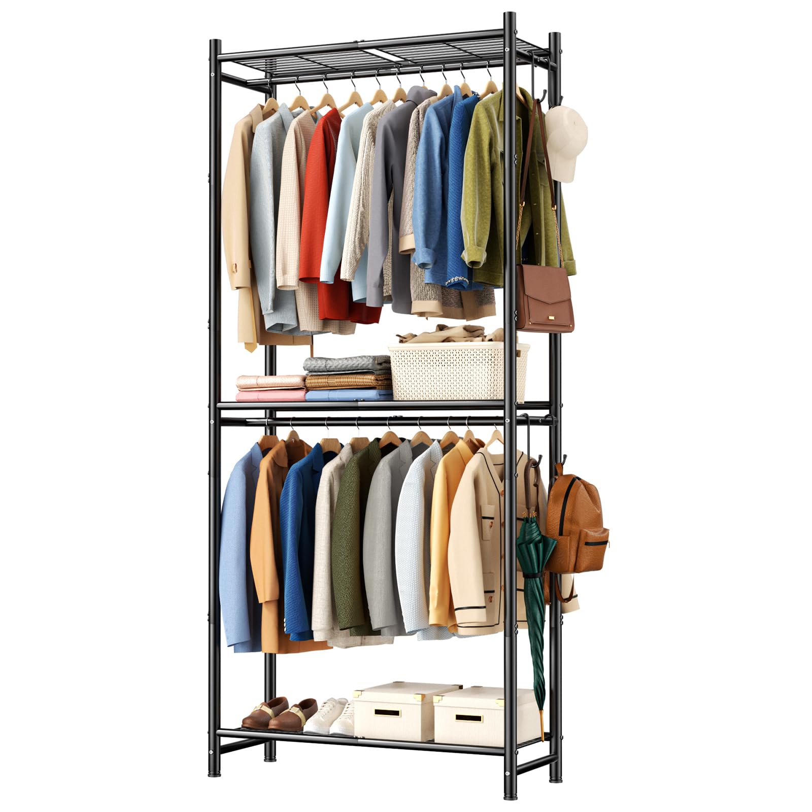 LINIOZ Clothes Rack for Hanging Clothes with 3-Tiers Shelves Side Hooks Heavy Duty Clothes Rack Perfect for Small-Space