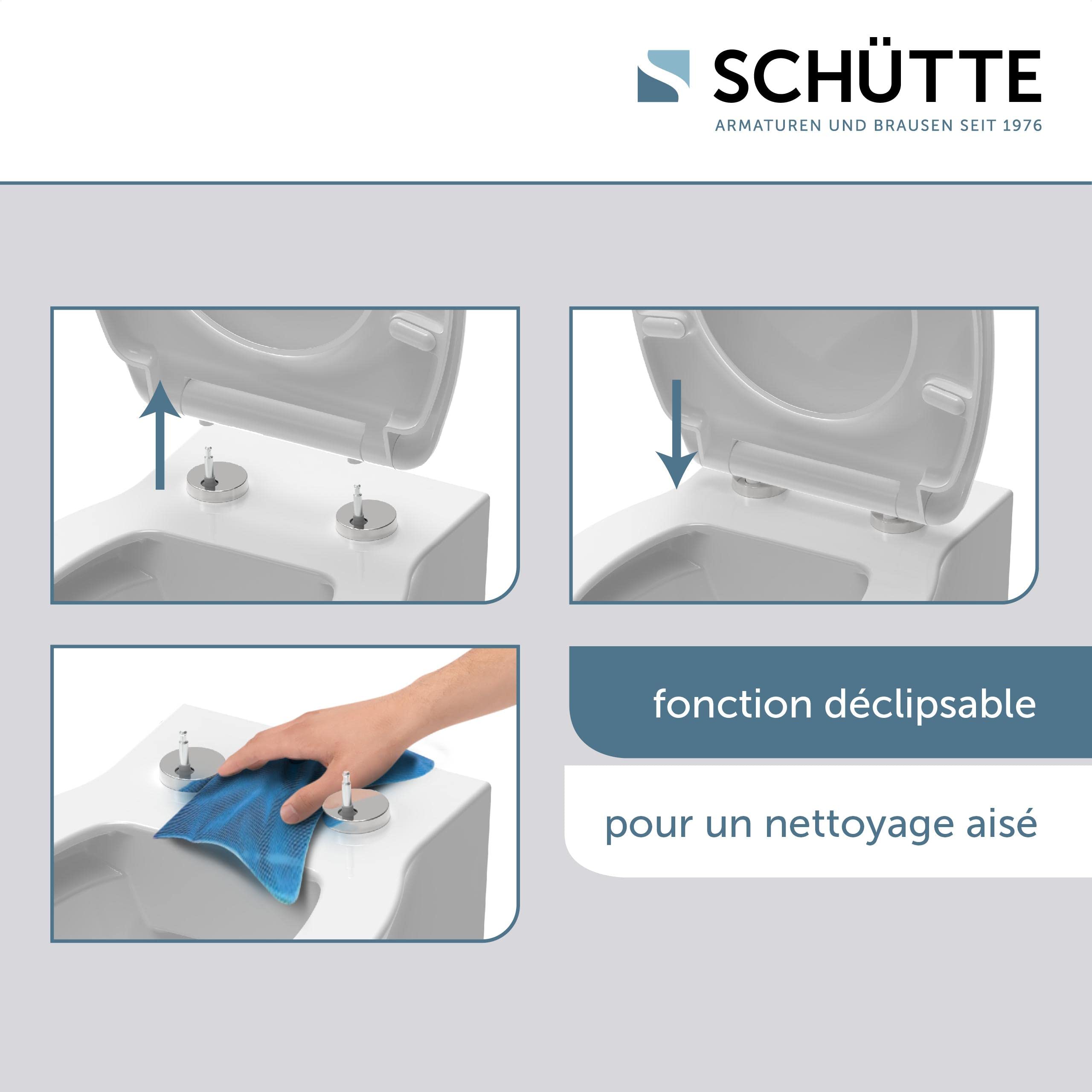 Schütte SLIM 82702, Abattant WC en Duroplast avec système d'abaissement automatique et fonction détachable, compatible avec la majorité des cuvettes WC, Gris