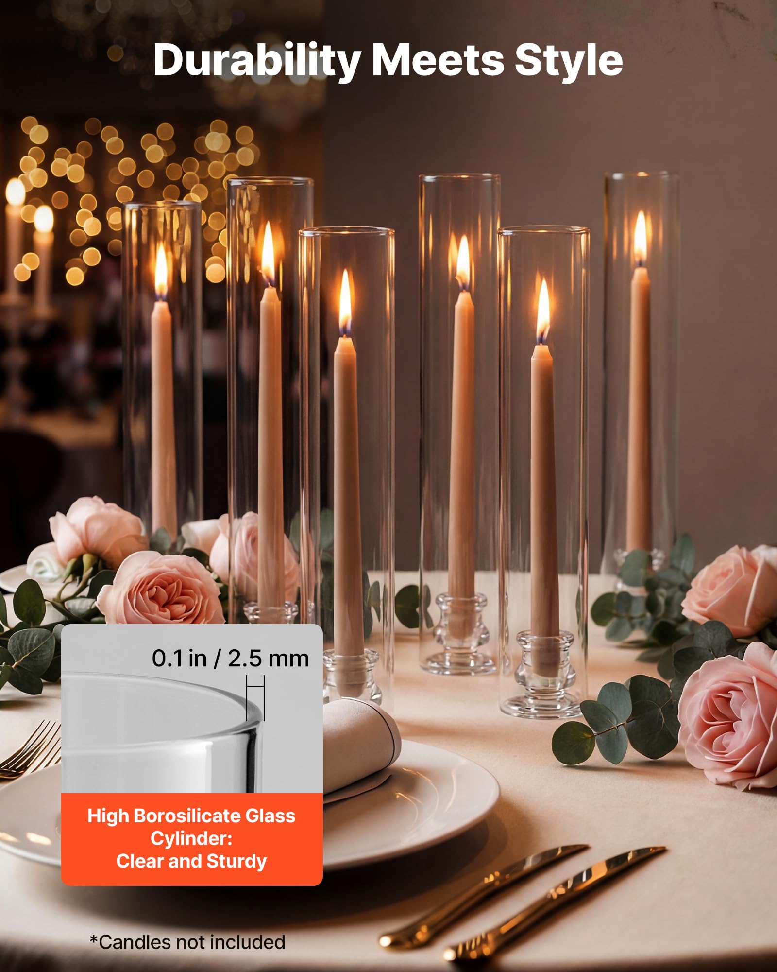 VEVOR Set di 24 Portacandele Hurricane, Portacandele da Tavolo, Cilindri in Vetro Trasparente 65 x 350 mm, Vetro Borosilicato di Alta Qualità, Centrotavola per Matrimoni, Feste e Decorazioni Moderne