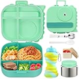 Dinosaur Lunch Box for Kids with Secret Compartment | 4 Compartments Bento Box + 12oz Insulated Food Jar | Leak-Proof Sauce Cup & Collapsible Spoon | BPA-Free, Dishwasher Safe(Green-01)