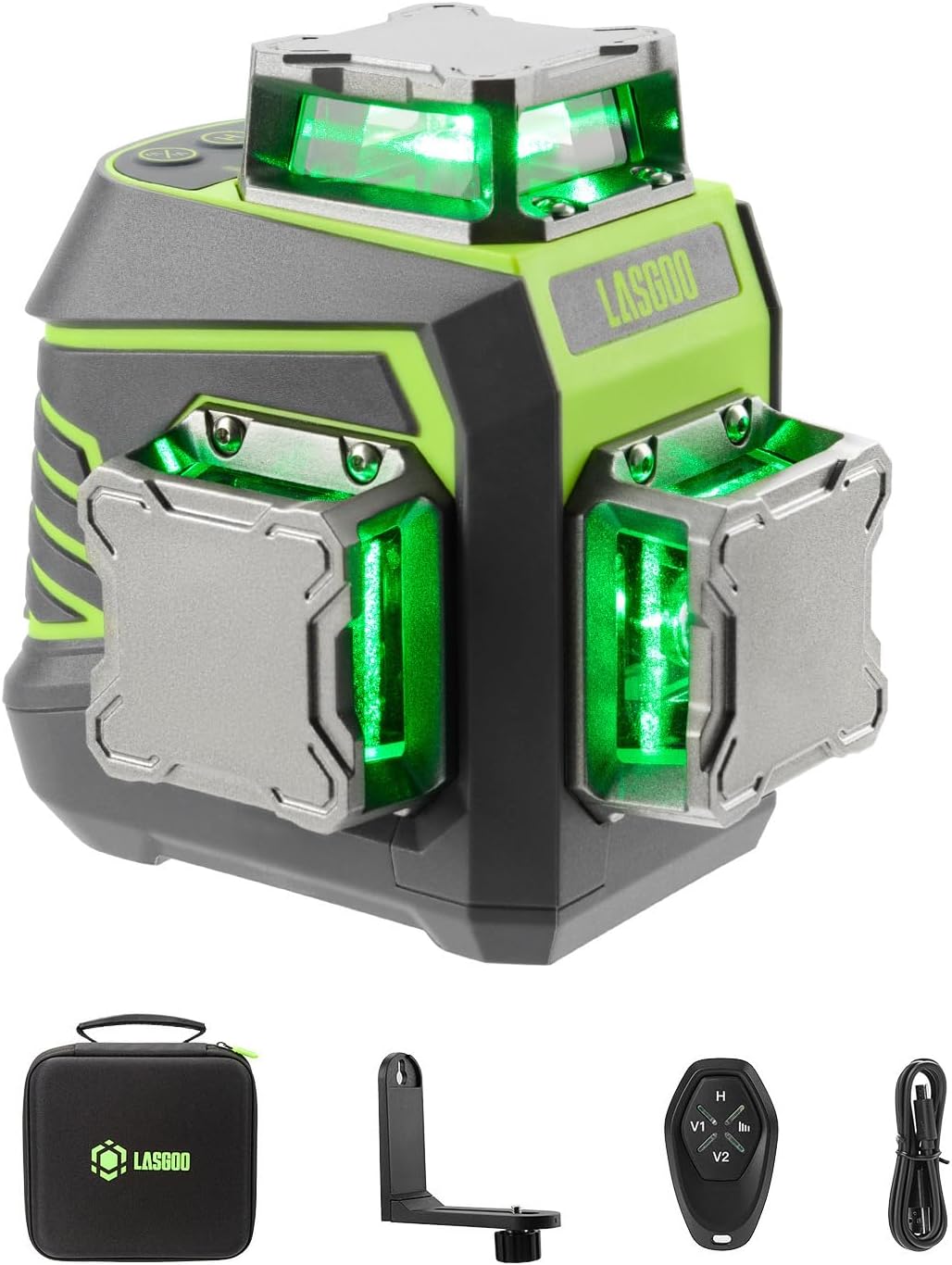 Laser Level 3x360° Self Leveling, 3D Green Cross Line Laser for Construction and Picture Hanging, Rechargeable Battery, Remote Control, Magnetic Rotating Stand Included - LG-3Dx