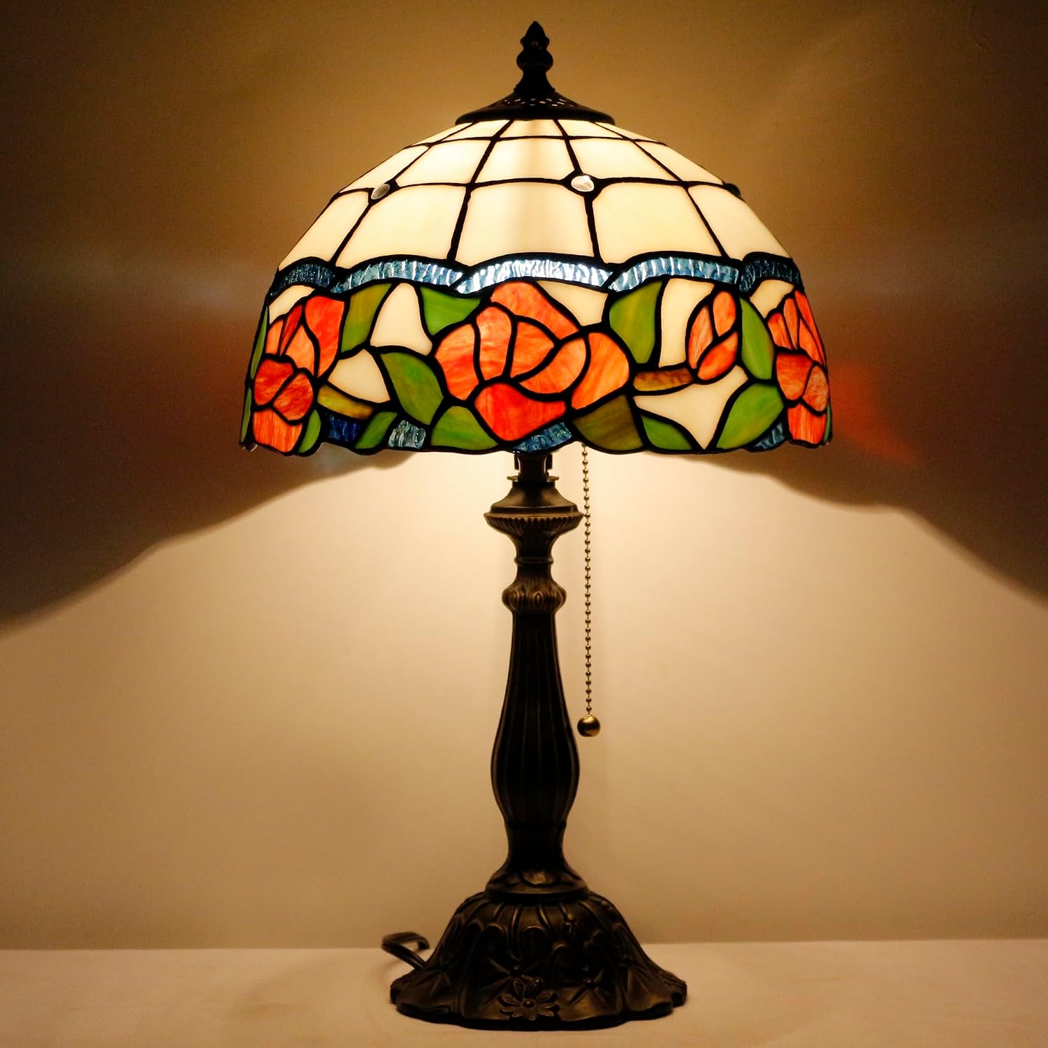 Tiffany Lamp Stained Glass Rose Flower Style Table Lamp Desk Reading Light 12X12X19 Inches with Resin Base Decor Bedroom Living Room