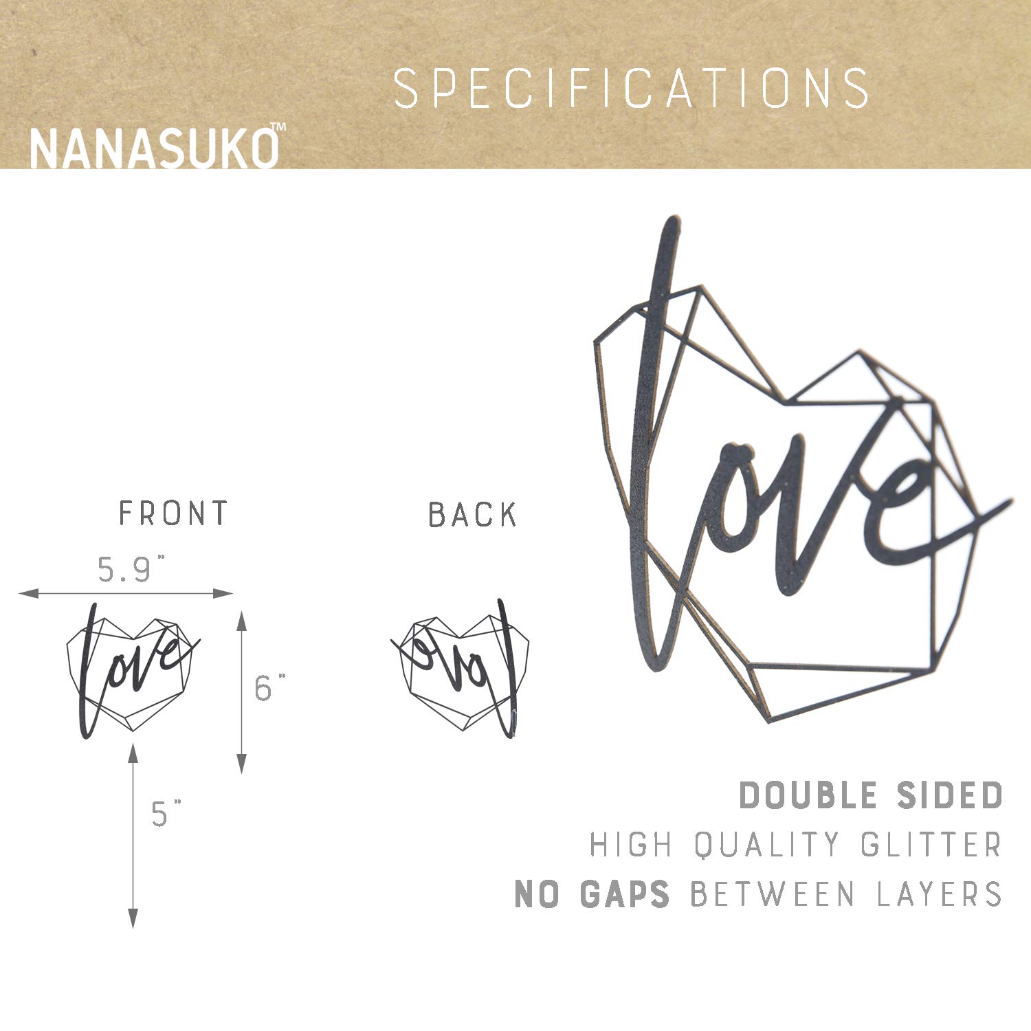 NANASUKO Wedding/Engagement Cake Topper - love - with Modern Geometric Heart Frame - Double Sided Black Glitter - Premium Quality Made in USA