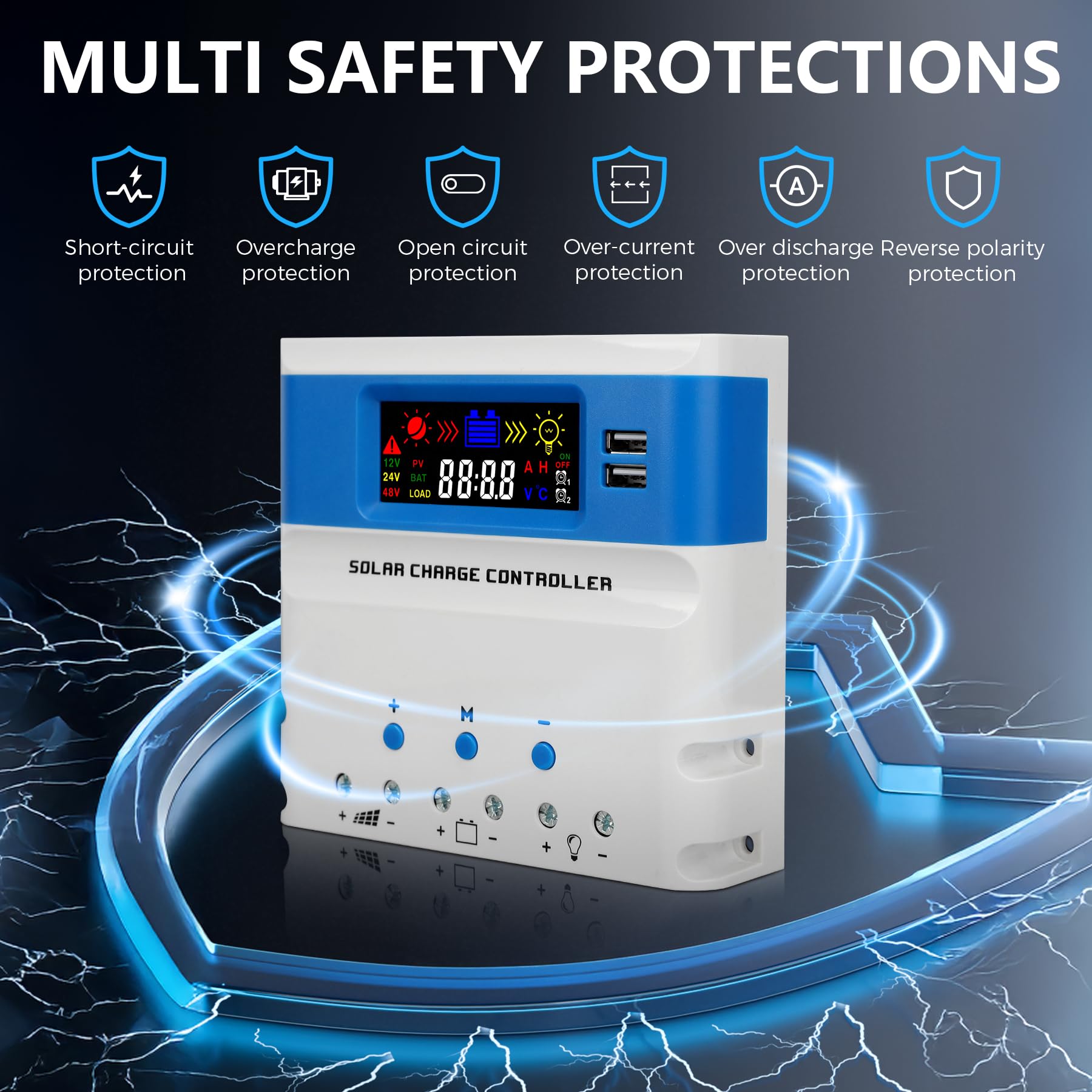 60A PWM Regolatore di Carica 12V/24V/48V Auto,60A Regolatore di Carica Pannello Solare Display LCD Doppia Porta USB,12V/24V/48V Regulador de Carga Solar Controller per Batterie GEL/SLD/FLD/LI