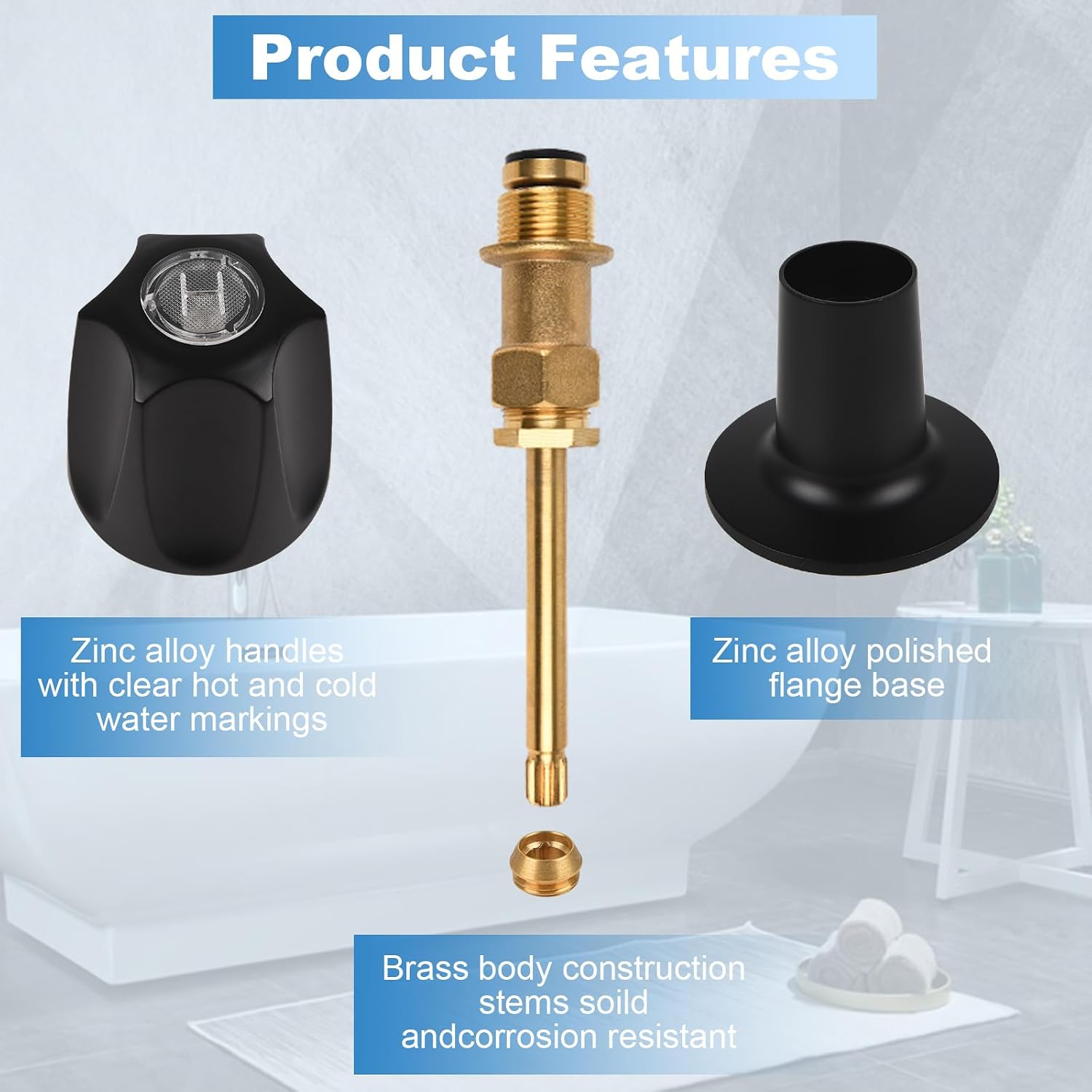 Shower Knobs Replacement Kit, 2Pcs Hot and Cold Faucet Handle with Brass Valve Stems and Flange Base Compatible with Price Pfister Verve Tub Shower Faucet Handle Remodel Trim Kit (Matte Black)