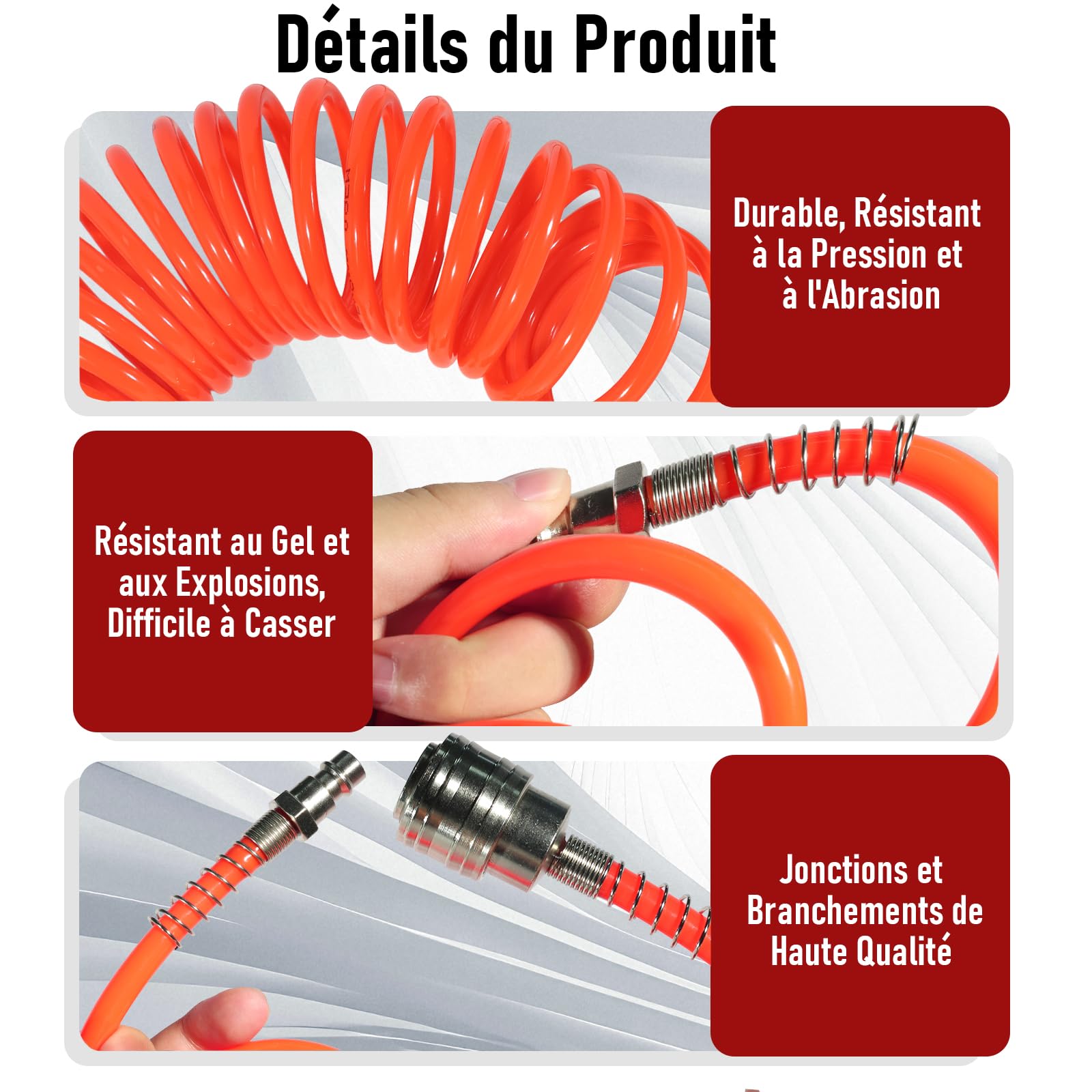 Tuyau Air Comprimé 5m Tuyau Spirale PU 5×8mm Rouge | Accessoires Compresseur avec Raccords Rapides - 4