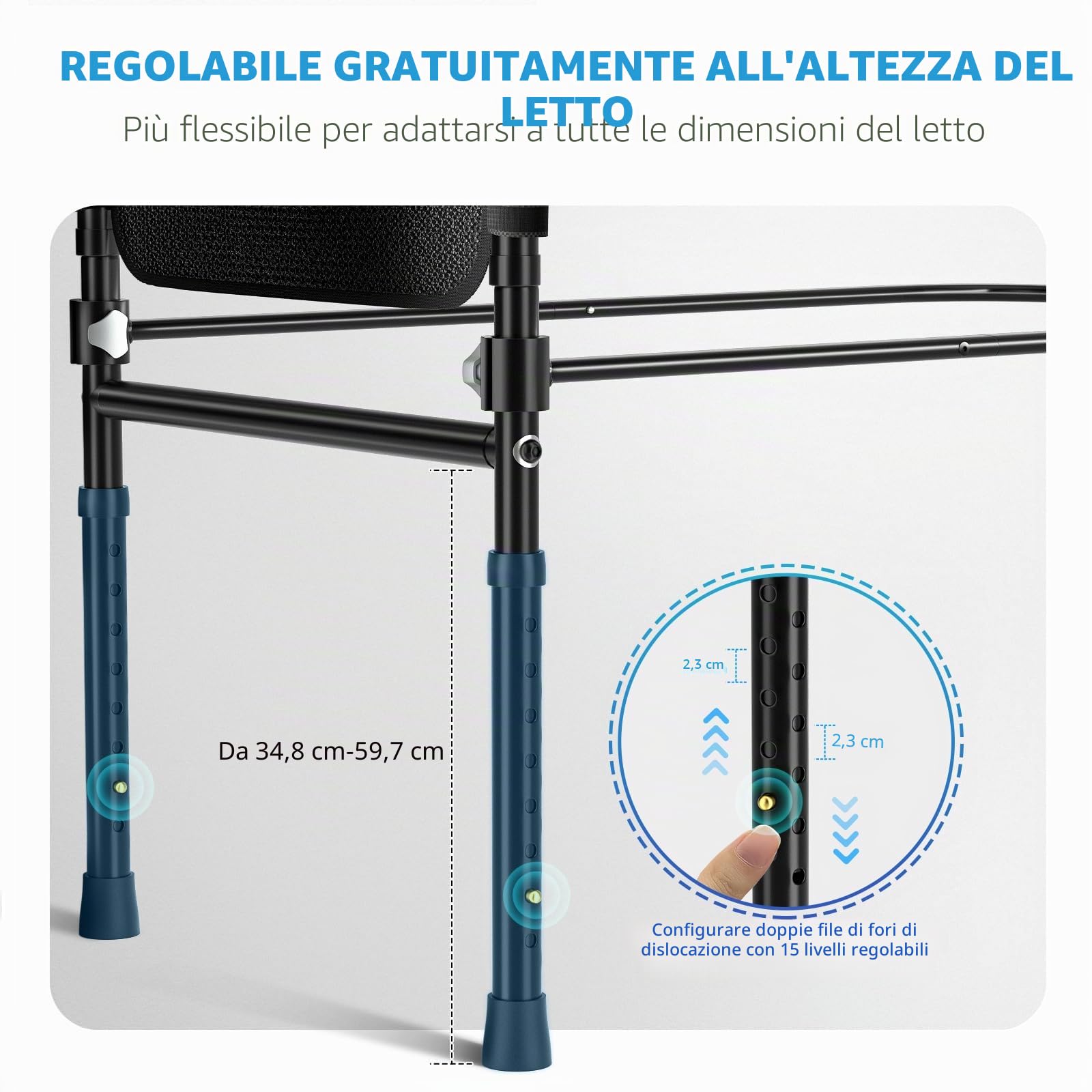 FORTEMOTUS Sponde Letto Anziani, Barriere per Letto Adulti Regolabile in Altezza Gambe, con Borsa, Maniglia di Sicurezza Supporto Alzarsi Disabili, L (Spessore Materasso 25-40 cm)