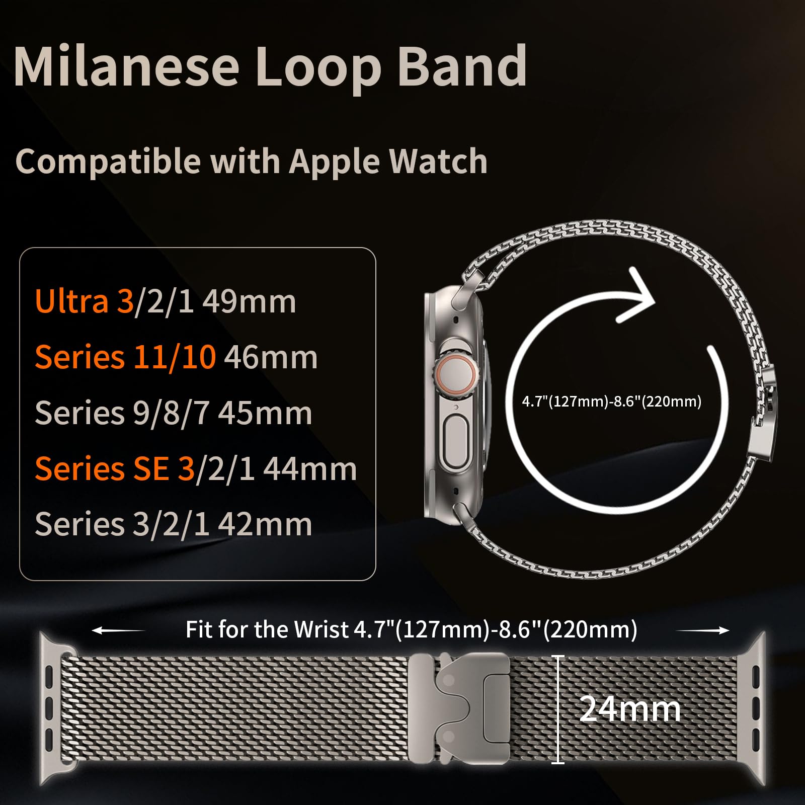 Milanese Paski na rzep, kompatybilne z Apple Watch Ultra 2, Ultra 49 mm, 46 mm, 45 mm, 44 mm, 42 mm (seria 3, 2, 1), dla kobiet i mężczyzn, klamra w stylu spadochronowym, metalowa opaska na nadgarstek