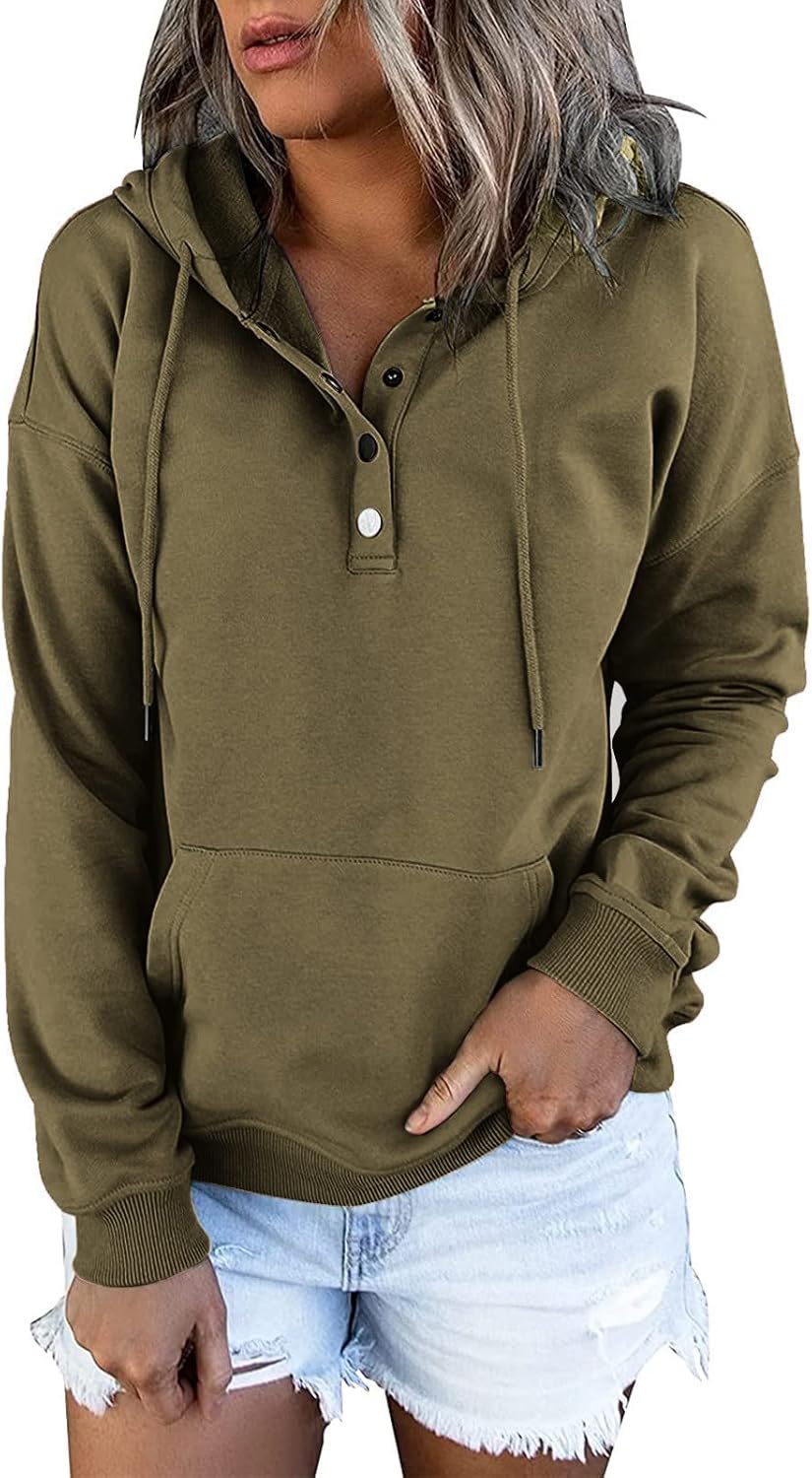 Hoodies for Women 2025 Hoodies Button Collar Drawstring Hooded Pullover Sweatshirt Casual Long Sleeve Tops Shirts