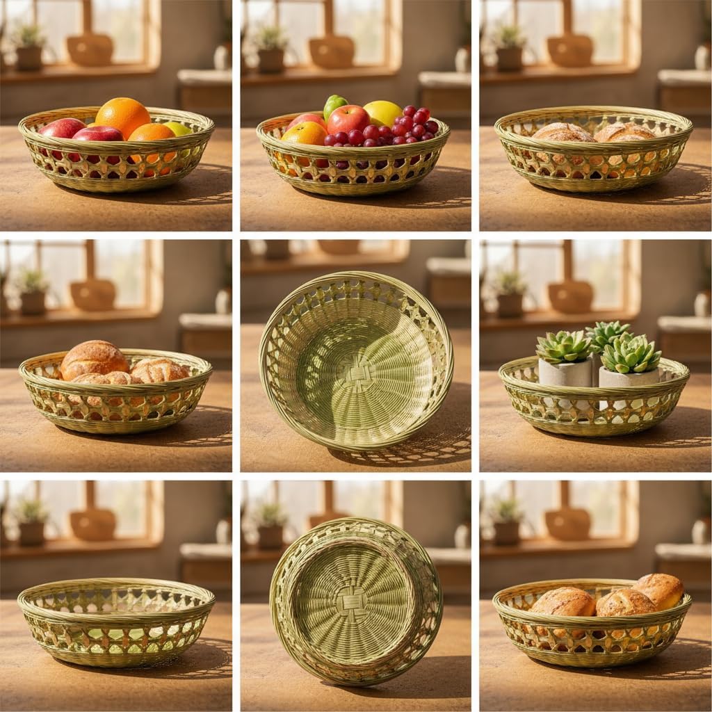 Handwoven Natural Bamboo Basket, Round Fruit Bowl for Kitchen Home Storage