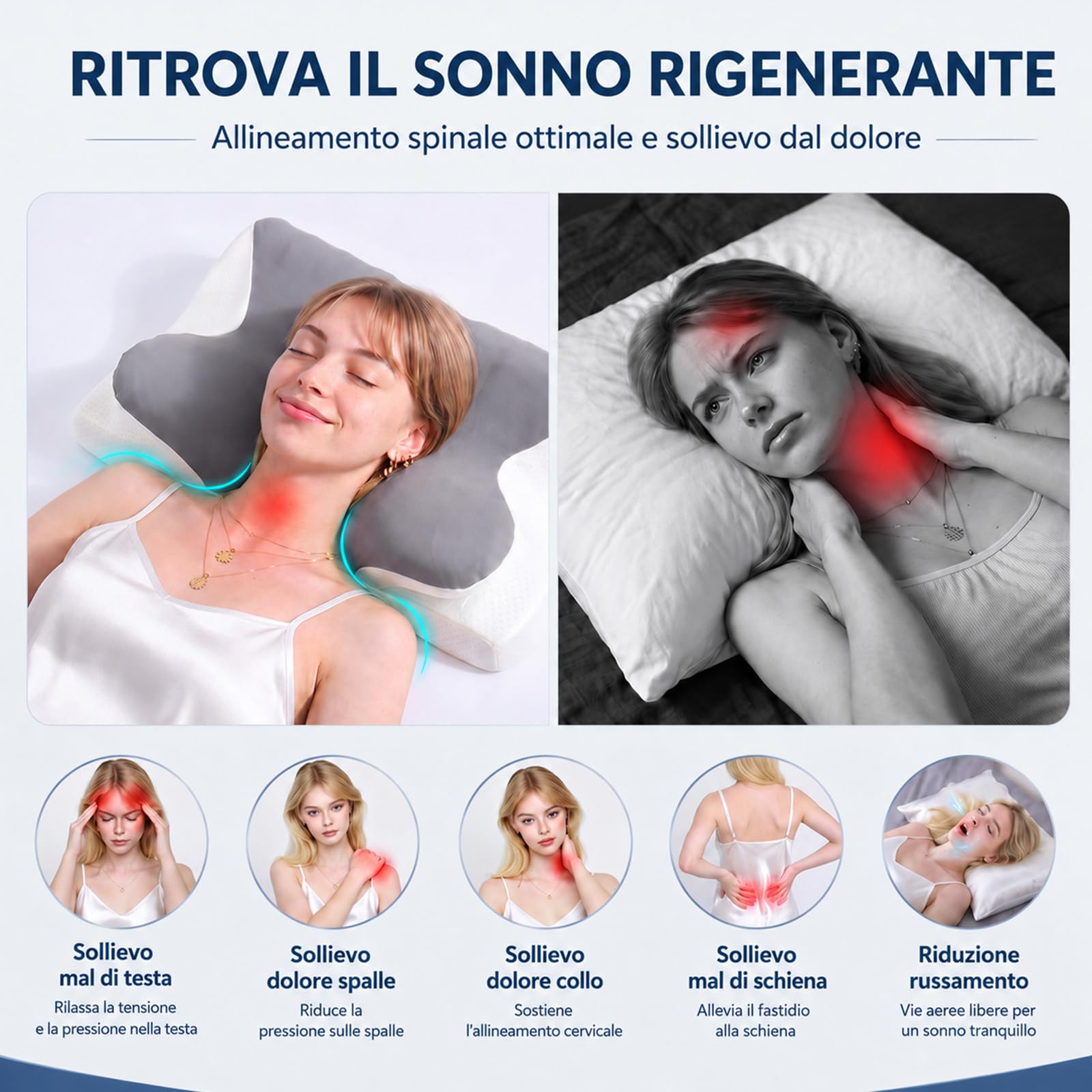 WAVVE Cuscino Cervicale Ergonomico e Ortopedico per Cervicale e Collo | Design a Farfalla in Memory Foam, Doppia Altezza Regolabile 11/13 cm per Dormire su Schiena e Fianco